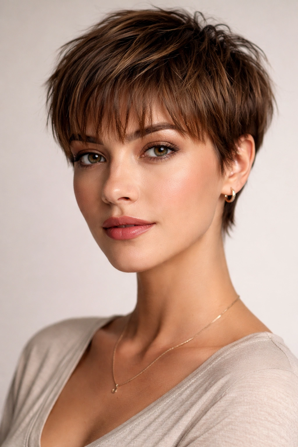 Close-up of classic textured pixie with choppy bangs highlighting short layered crown and fringe