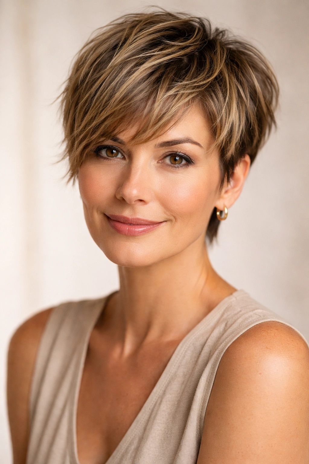 15 Pixie Hairstyles That Shine On Women Over 40 1 Close-up of a woman with a textured pixie cut and longer bangs