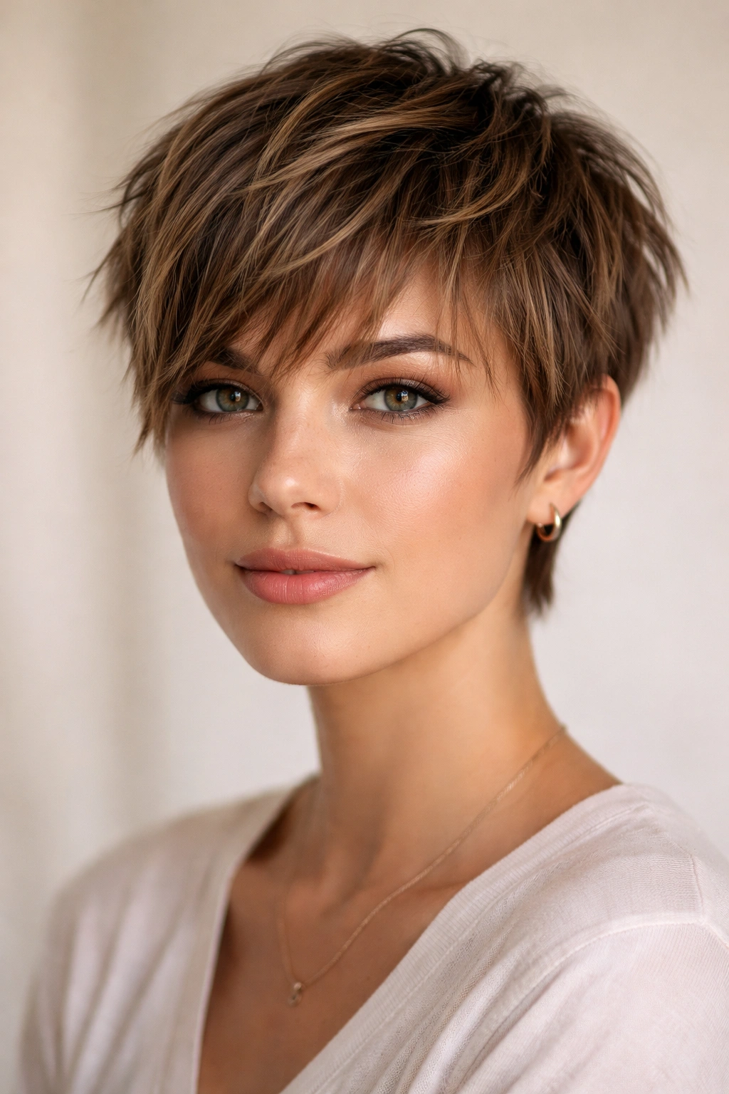 15 Short Haircuts That Instantly Make You Look Younger 1 Close-up of a textured pixie with longer bangs and choppy layers, soft lighting.