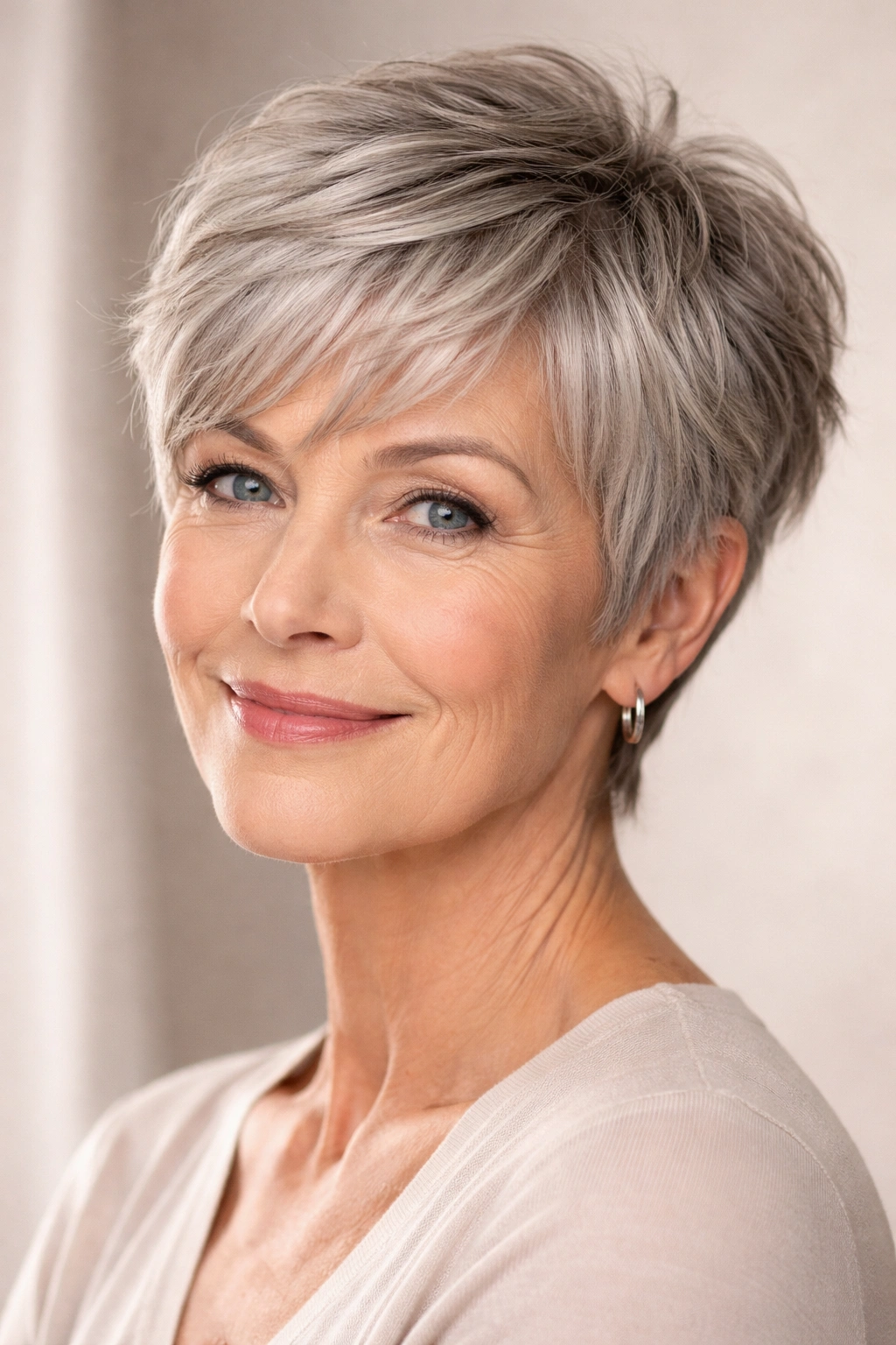 Close-up of a mature woman with a textured pixie cut