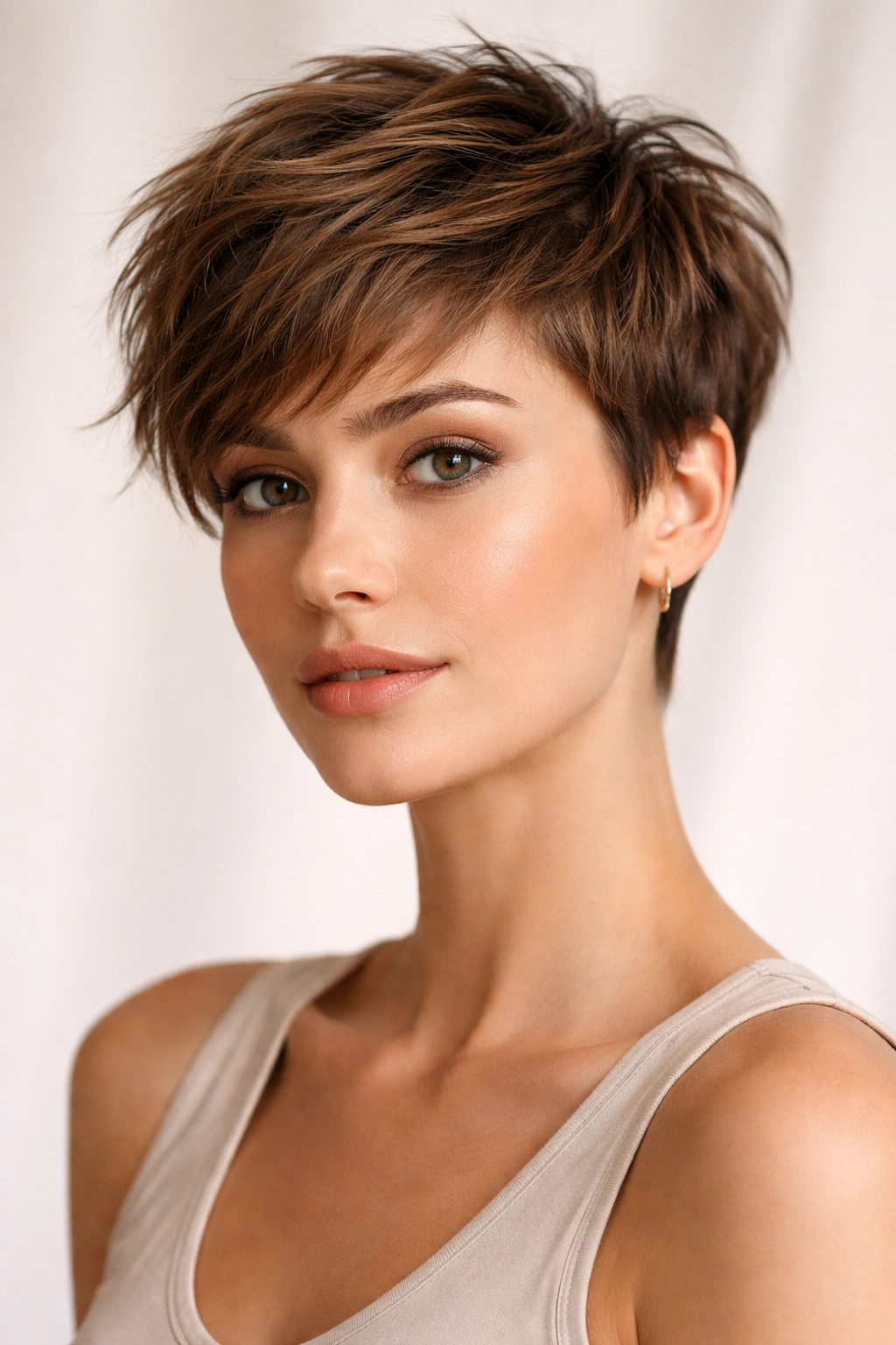 Portrait of a pixie cut with longer textured top