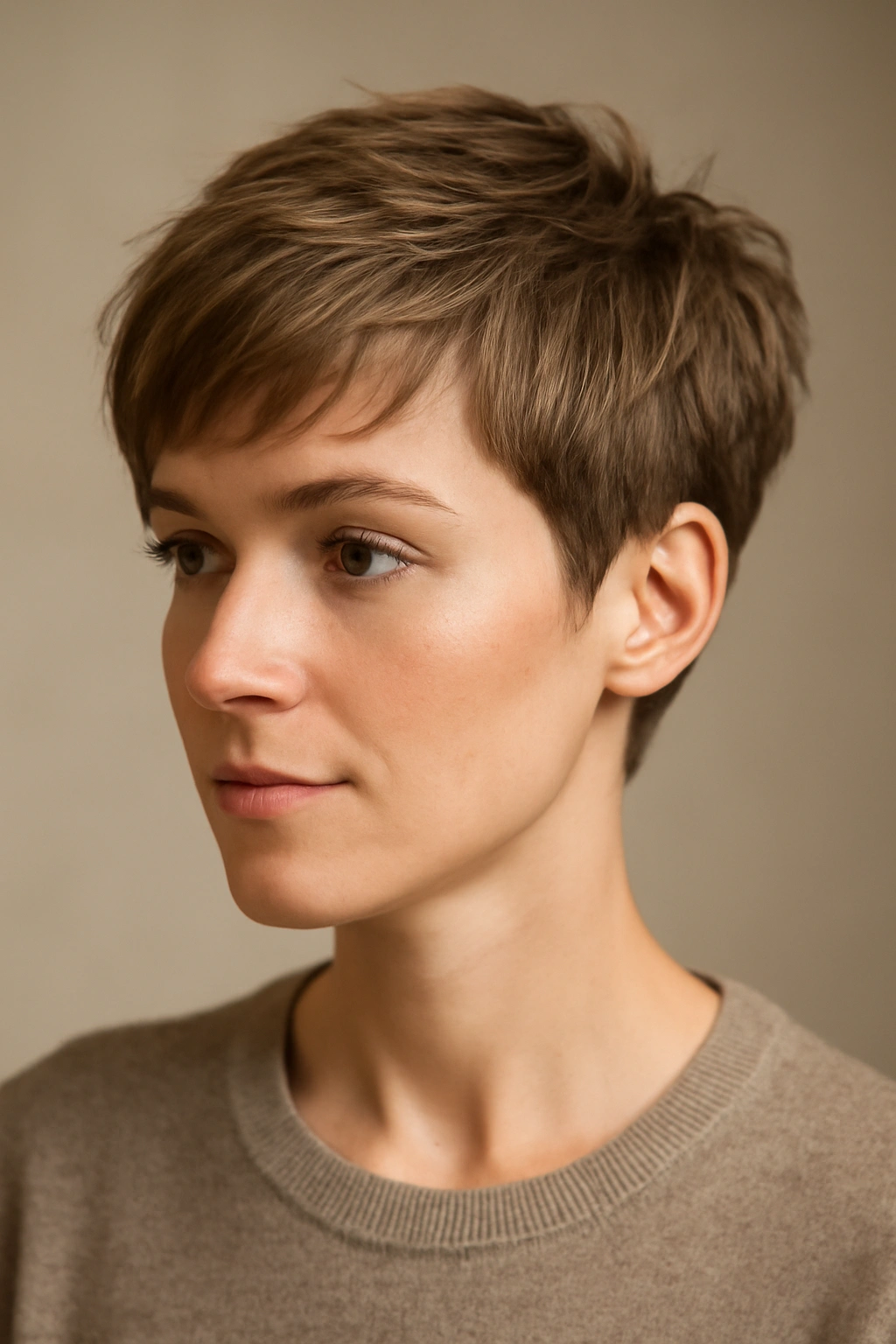 12 Short Haircuts That Work on Baby Fine Hair 1 Close-up of a person with a modern pixie cut showing textured top and shaved sides, studio lighting.