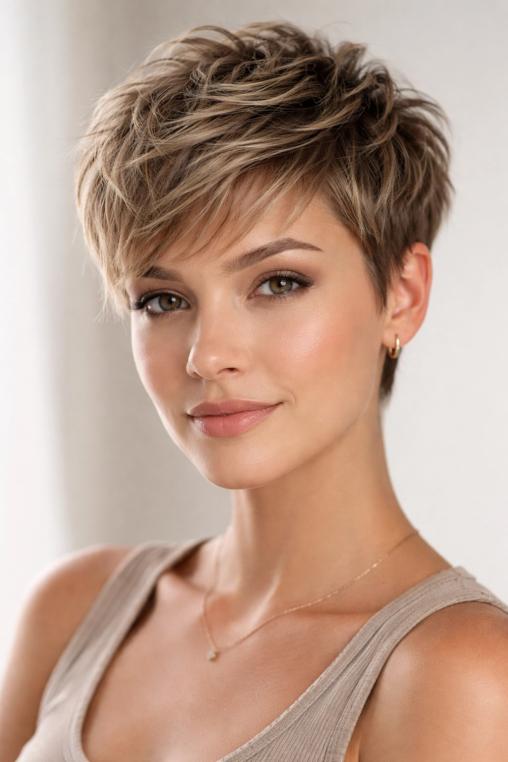 10 Short Hairstyles Built For Hot Summer Weather 1 Close-up of a textured pixie cut with layered short sides and longer top