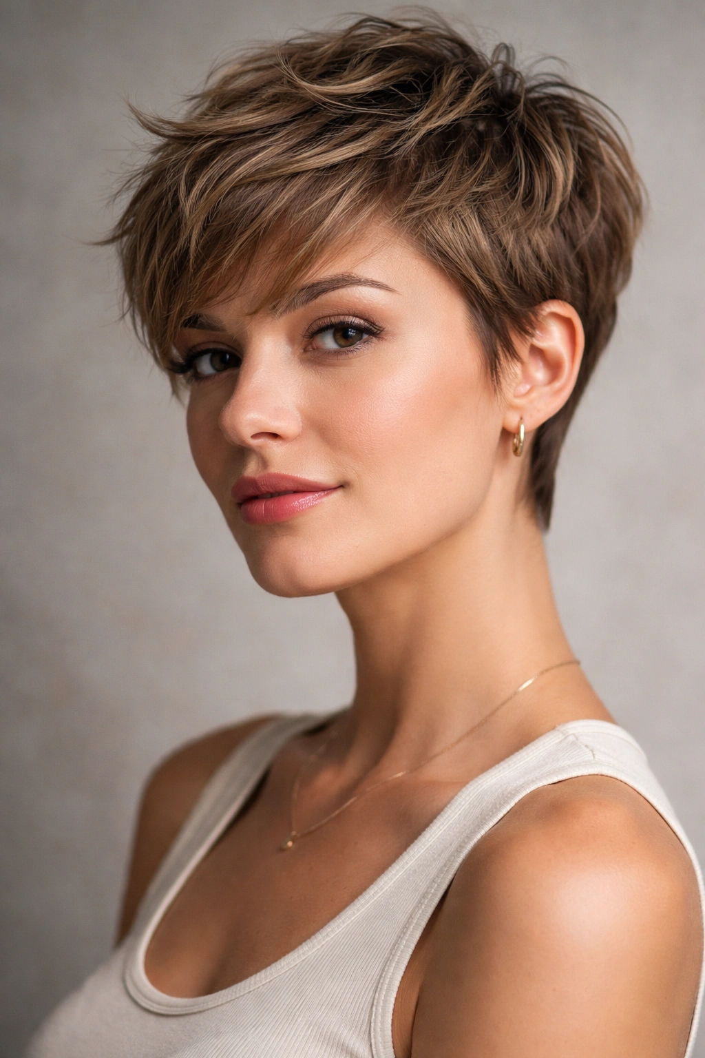 15 Short Haircuts That Look Great On An Oval Face 1 Close-up of a model with a textured pixie cut showing tousled layers