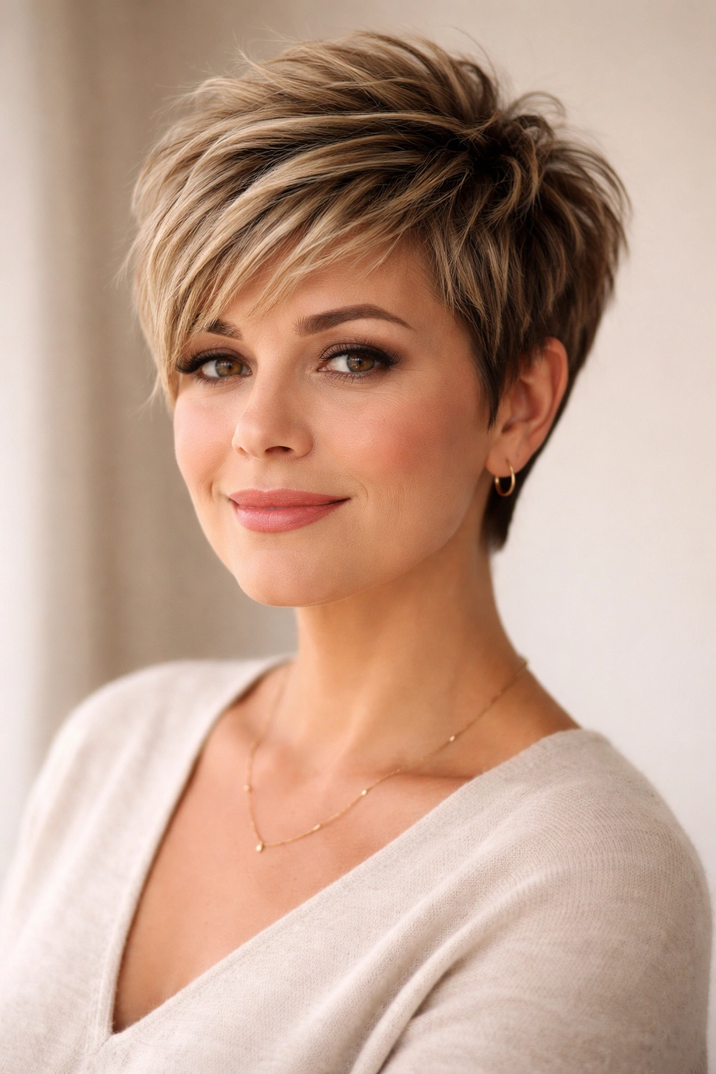 10 Short Haircuts For Women With Round Faces Over 40 1 Close-up of a textured pixie cut with length on top and choppy layers.