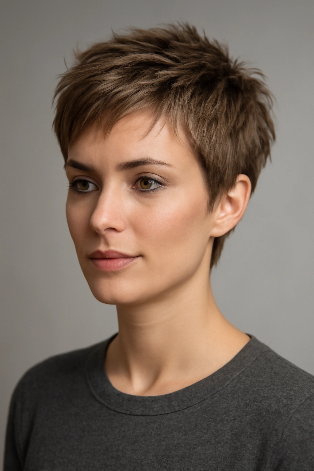 Close-up of a person with a modern textured pixie haircut showing choppy layers and volume