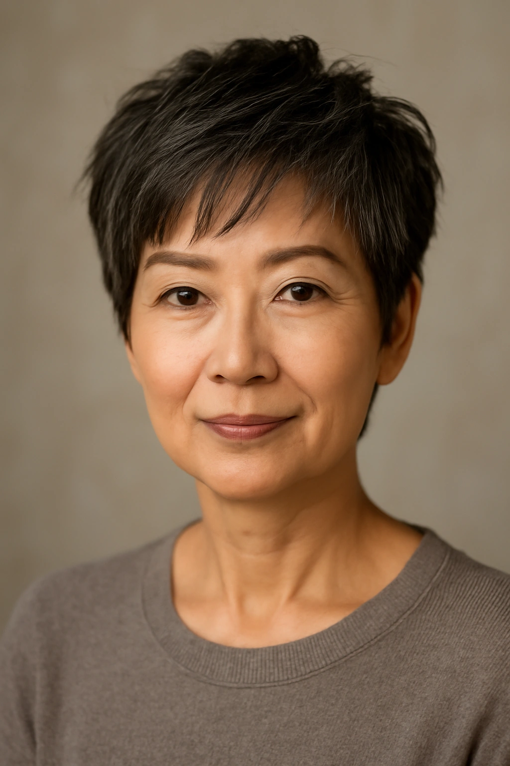 10 Short Haircuts for Asian Women Over 50 to Try 1 Portrait of an Asian woman over 50 with a textured pixie cut.