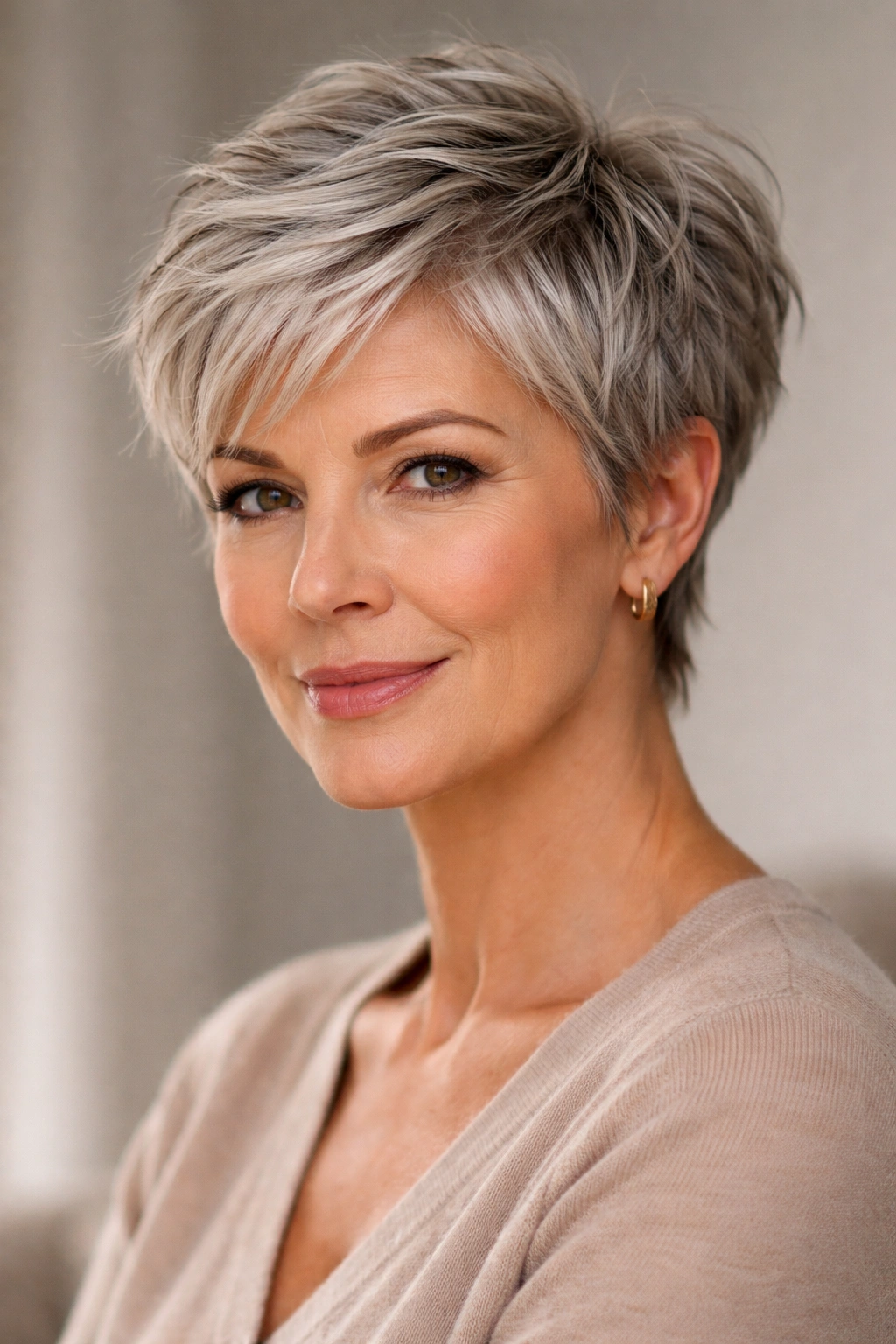Close-up portrait of a woman over 50 with a textured pixie cut and choppy layers.
