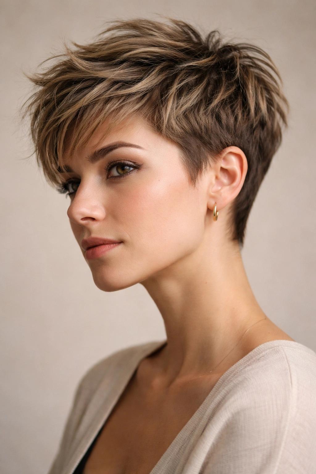 12 Cool Girl Short Haircuts With An Effortless Edge 1 Close-up portrait of a modern pixie cut with textured crown and tapered sides
