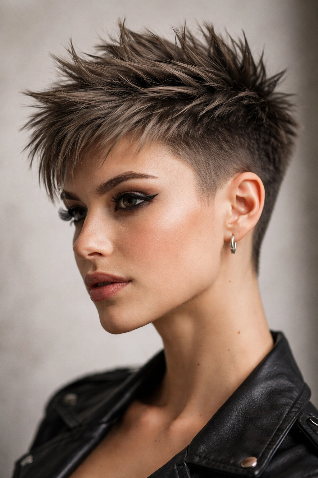 10 Edgy Pixie Cuts With Serious Attitude 1 Close-up portrait of textured spiky pixie with cropped sides emphasizing top texture