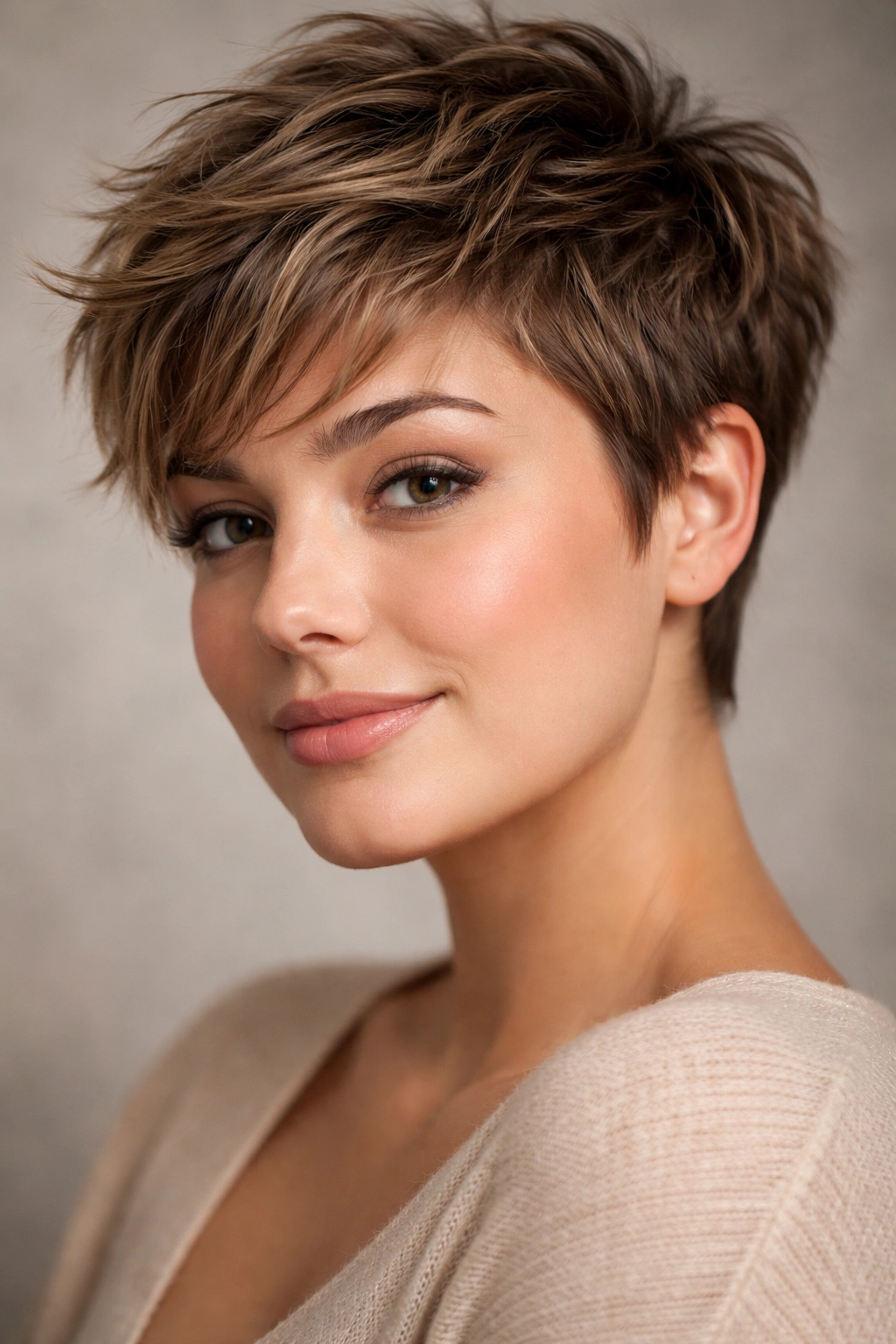 12 Pixie Cuts That Look Great On Rounder Faces 7 Close-up of a tousled textured pixie with piecey layers and movement, studio portrait