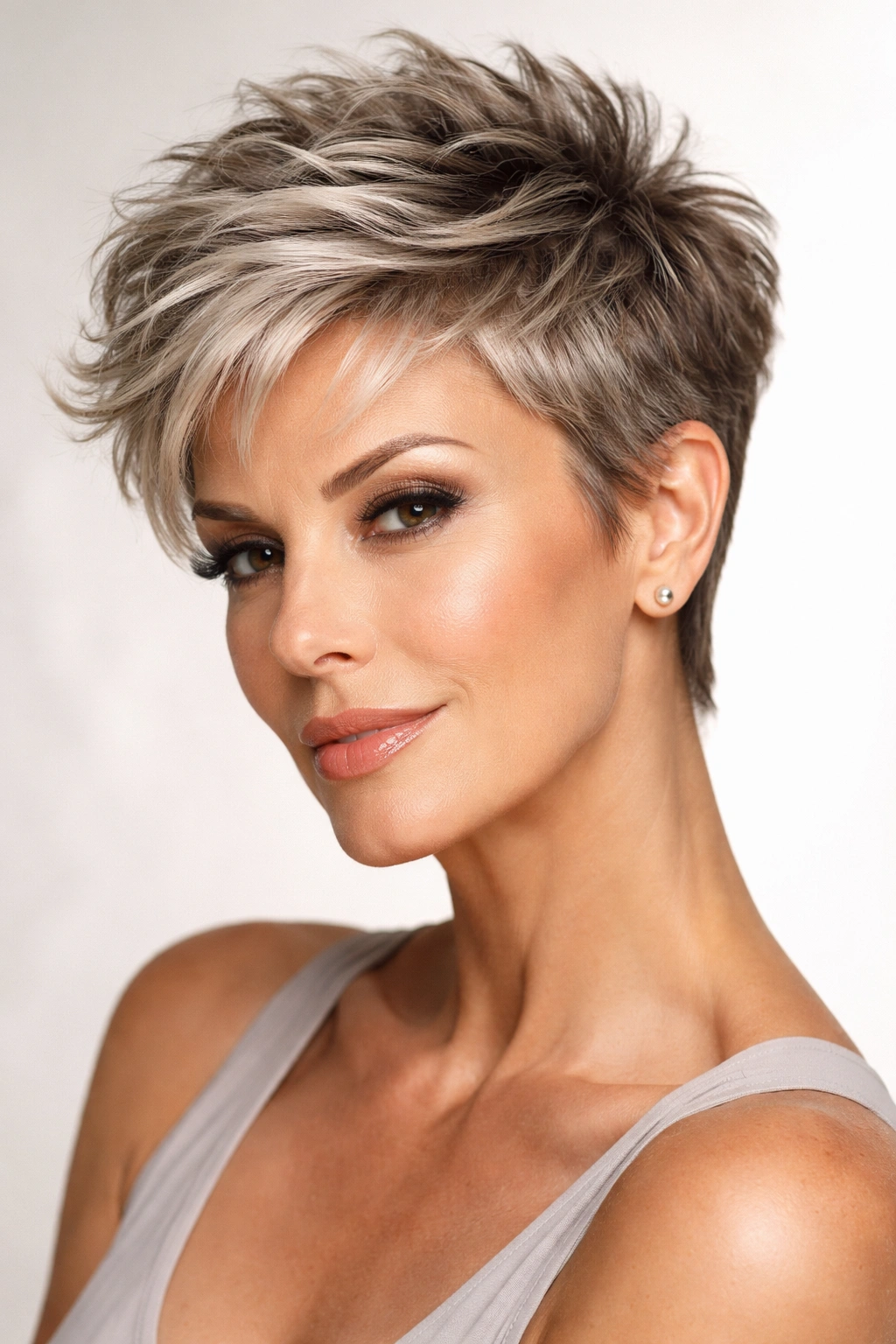 Close-up of a mature woman featuring a textured pixie cut with pronounced volume.