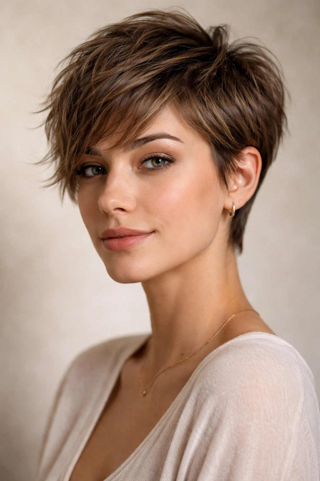 15 Hairstyles That Beautifully Flatter Long Faces 8 Portrait of a model with a textured pixie cut showing longer sides and top for width