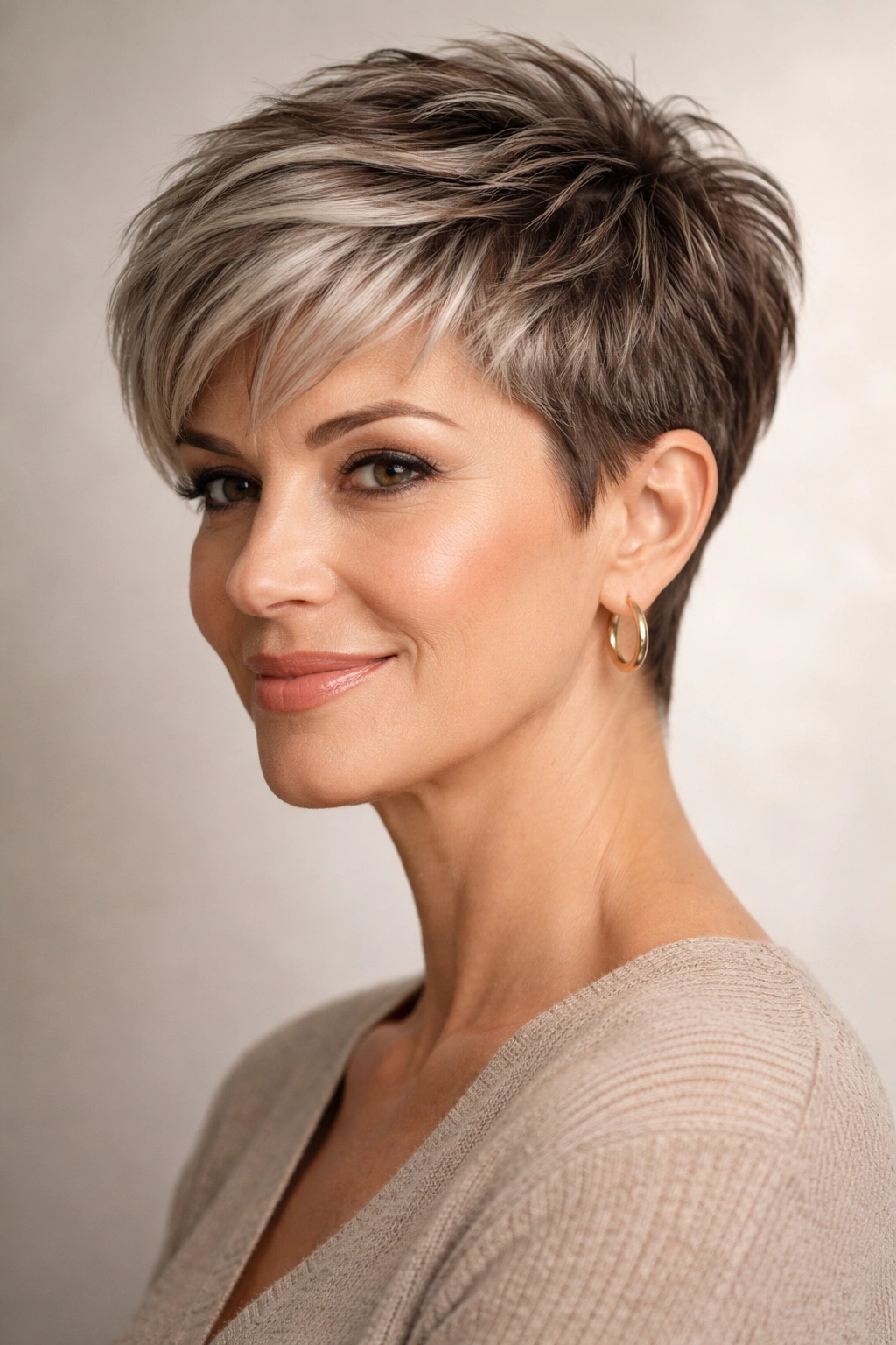 Close-up of a short tapered pixie hairstyle on thick hair with longer top and shaved sides.