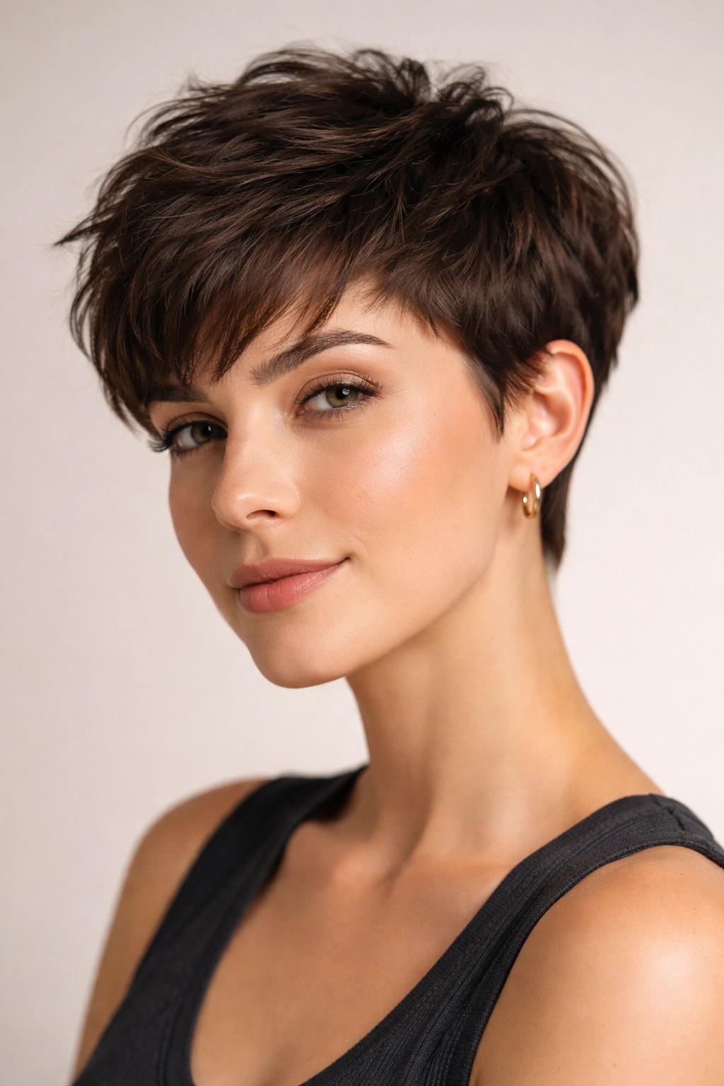 Portrait of thick-haired person with a short pixie cut under soft studio lighting