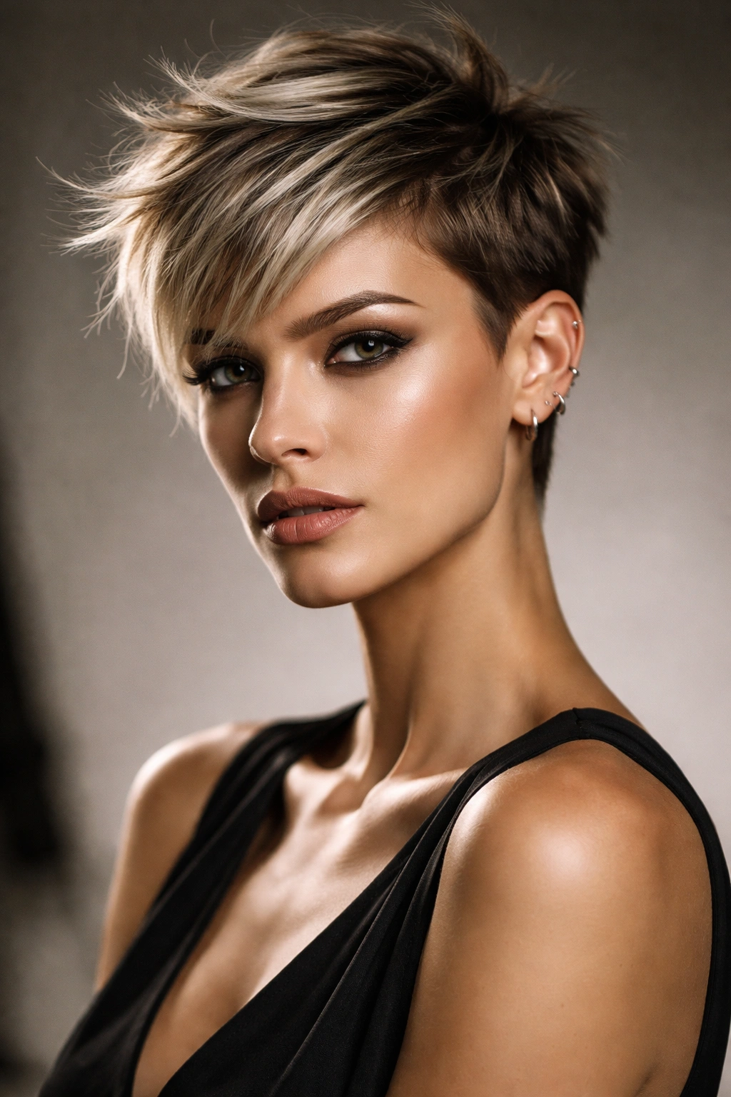 Portrait of a woman with a bold pixie cut highlighting facial features in studio light