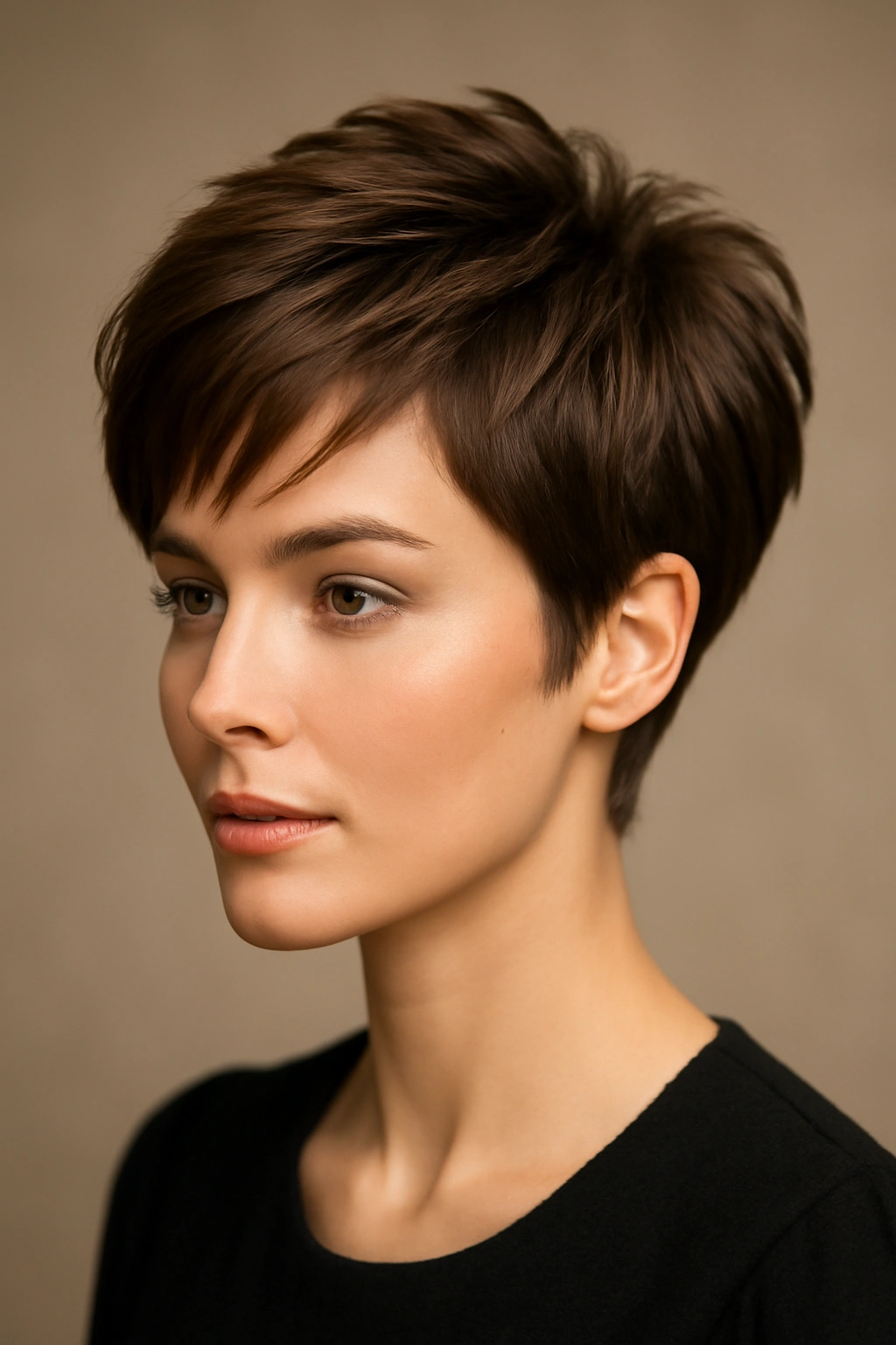 10 Short Hairstyles Perfect for Special Occasions 1 Close-up portrait of a model with a pixie cut featuring crown volume for a formal look