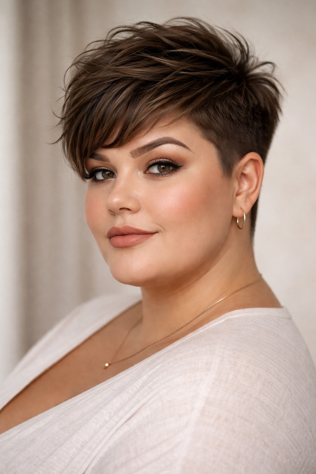 Close-up of a plus-size woman with voluminous pixie cut (2–3 inches top, short sides) in a studio.