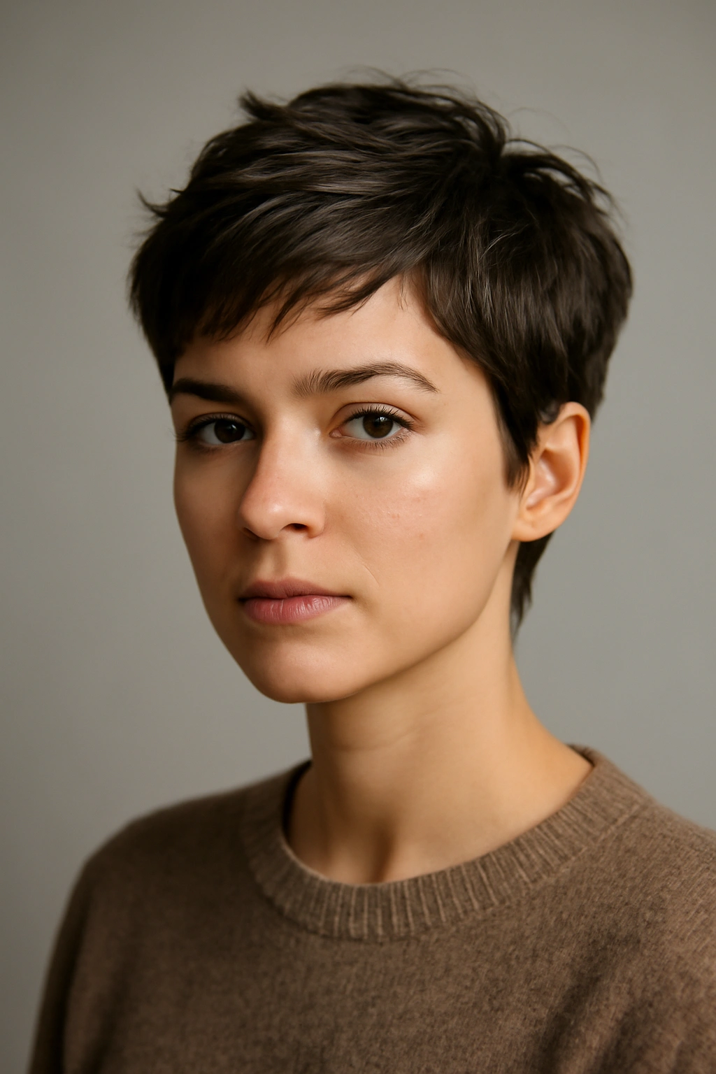 12 Wash and Wear Haircuts for Easy Mornings 13 Close-up portrait of a person with a textured pixie wash-and-wear haircut in a studio