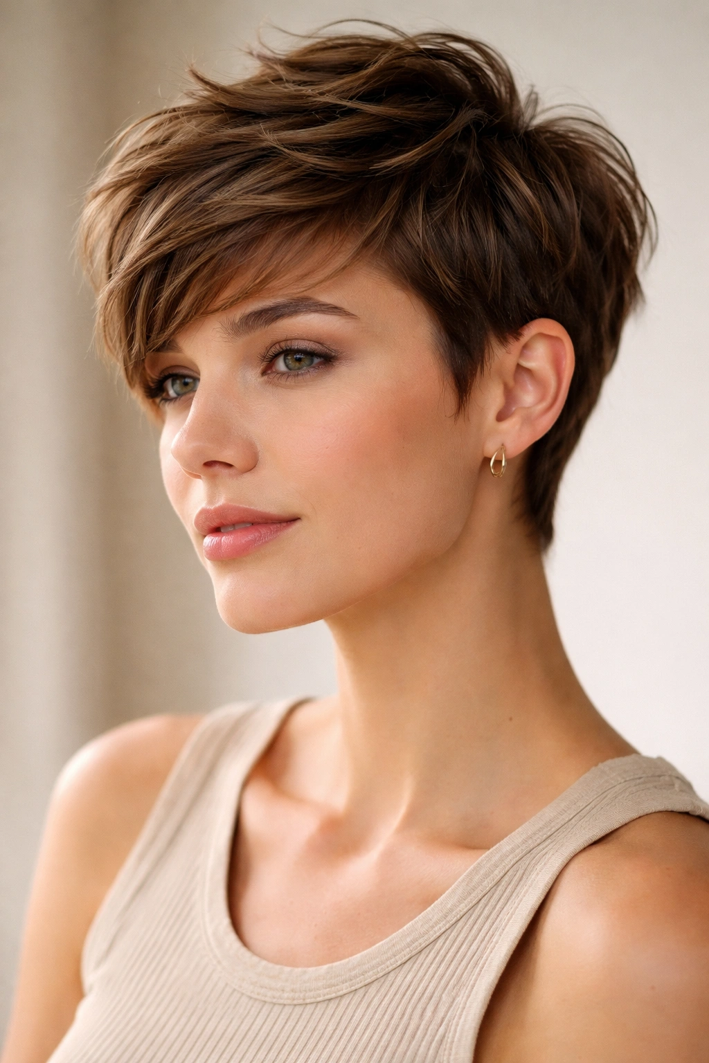 Close-up of a person with a textured pixie cut featuring longer top and tapered sides