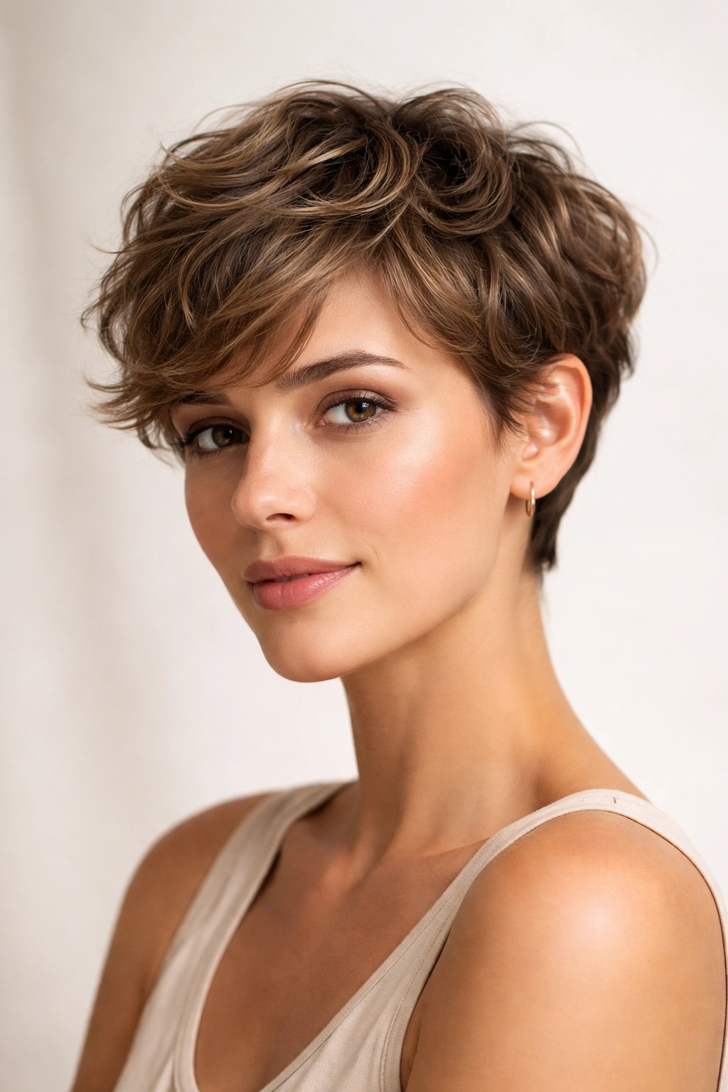 Portrait of a person with a soft, wavy pixie cut in a neutral studio backdrop