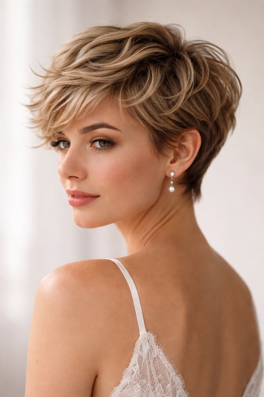 Pixie cut with loose waves and textured finish