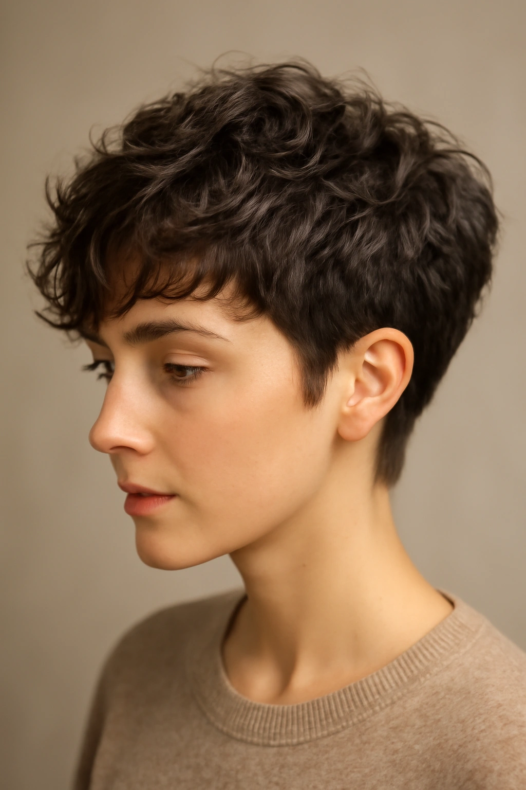 12 Wavy Pixie Styles Perfect for Wash and Go 1 Close-up of The Textured Wisp Pixie with a longer layered top and tapered sides, showing wispy waves