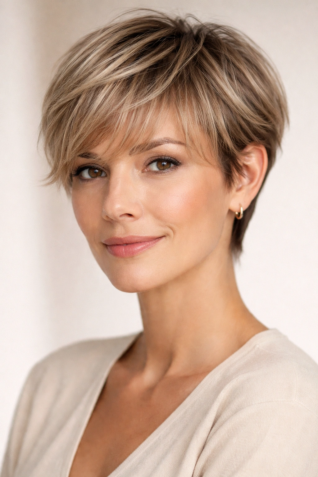 Pixie cut with wispy bangs framing the face