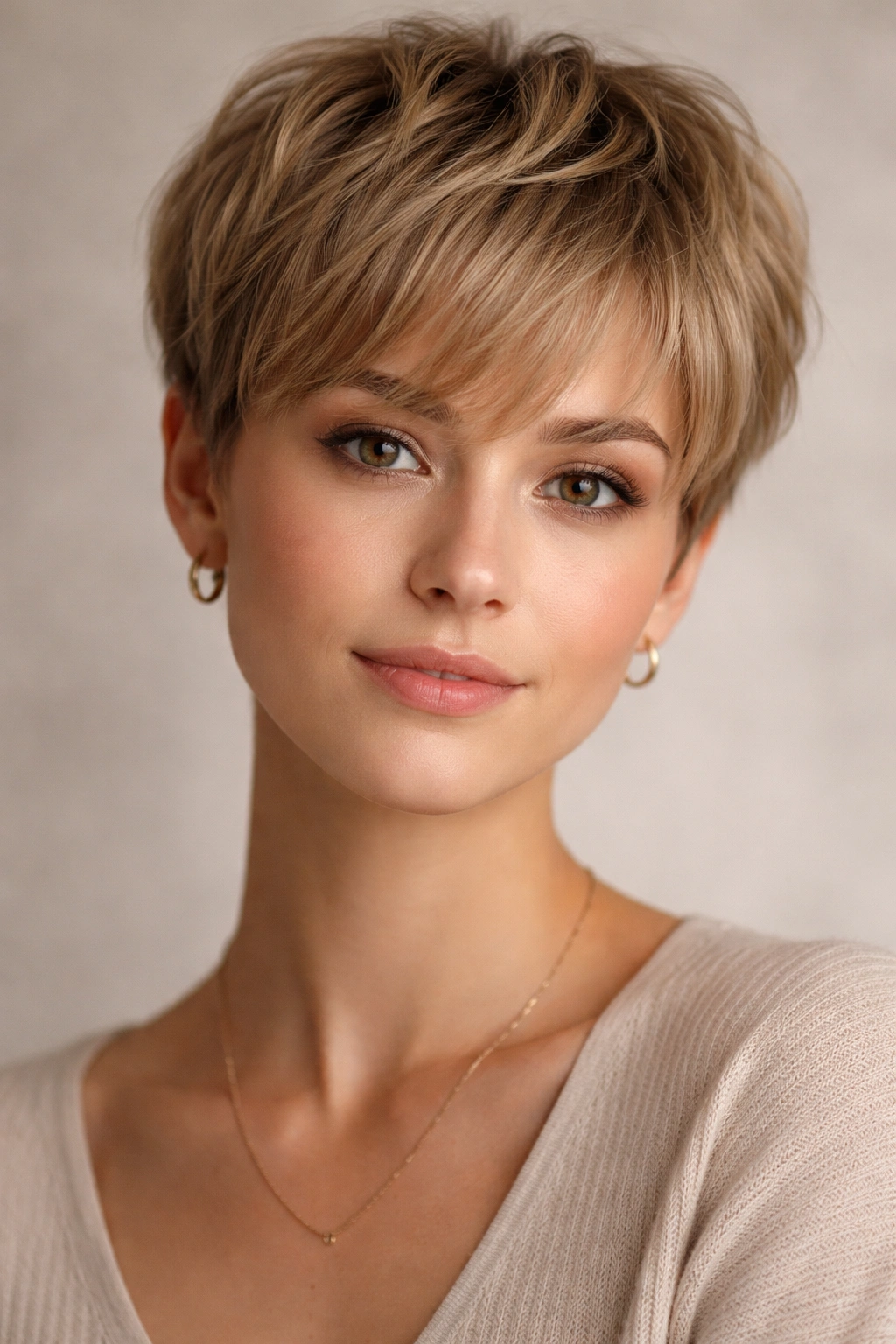 15 Short Haircuts Made For Heart Shaped Faces 1 Close-up of a pixie cut with wispy bangs on a heart-shaped face