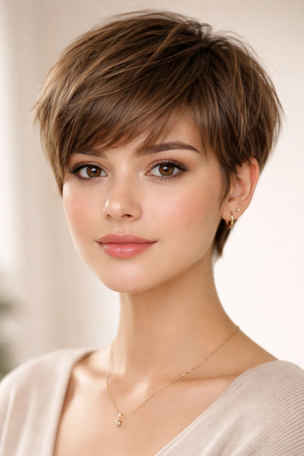 Close-up portrait of a soft blunt pixie with wispy texture and light-catching layers