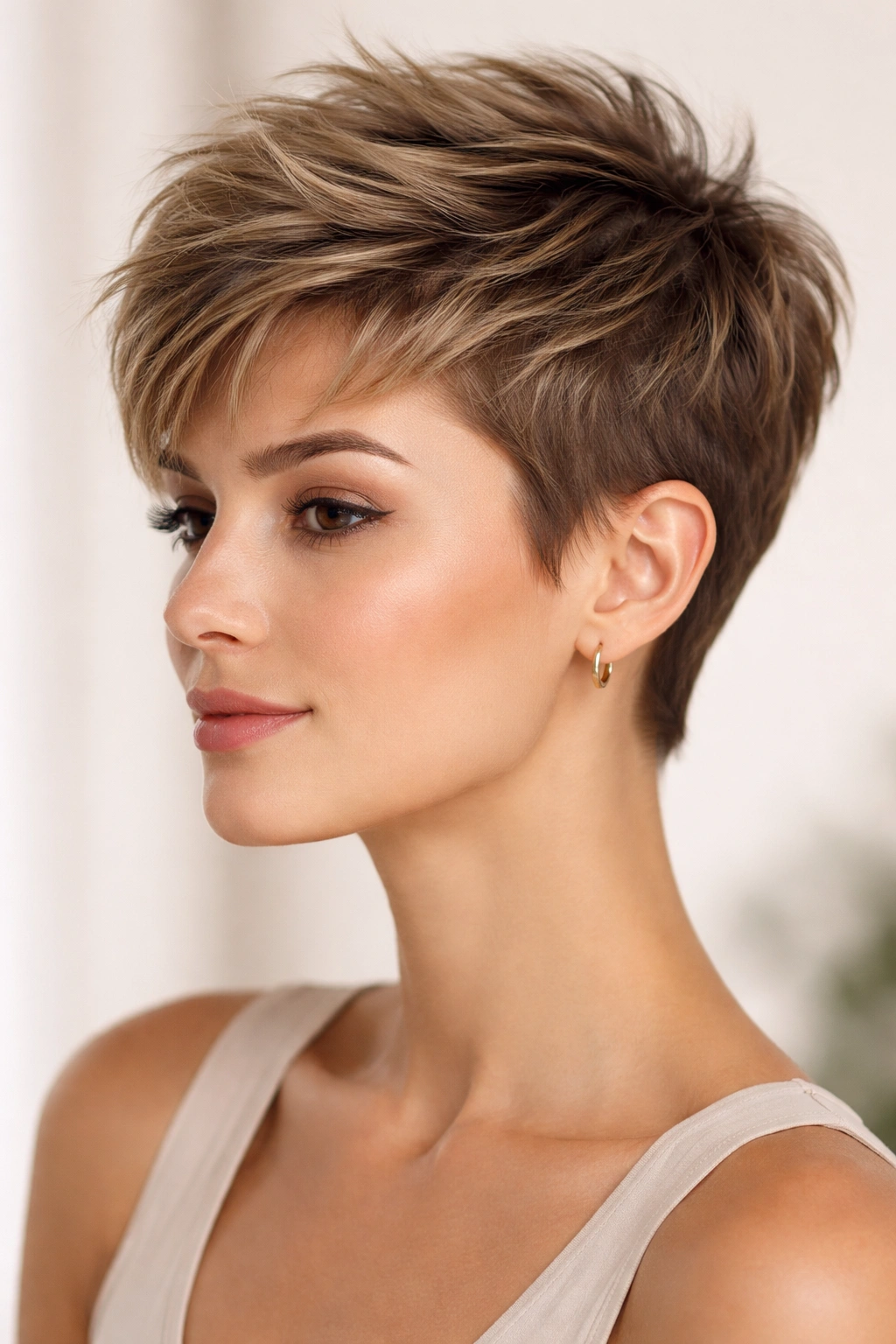 Close-up of a textured pixie cut with raised crown and polished top