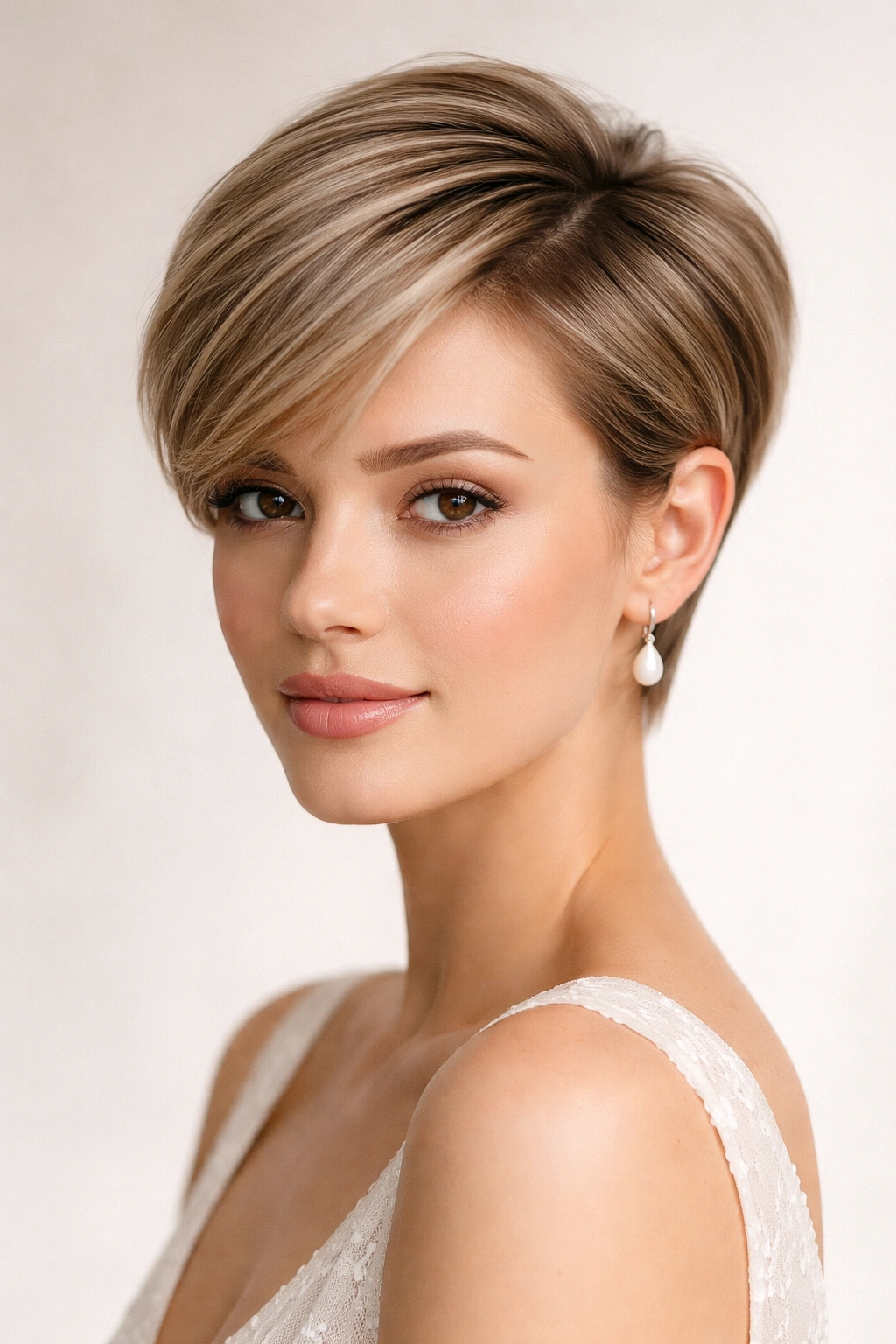 Pixie cut with a deep side part and subtle crown volume