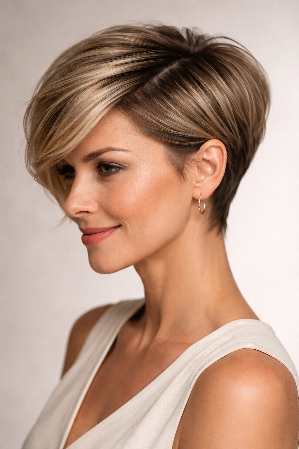 Close-up of a pixie with a deep side part and volumized side