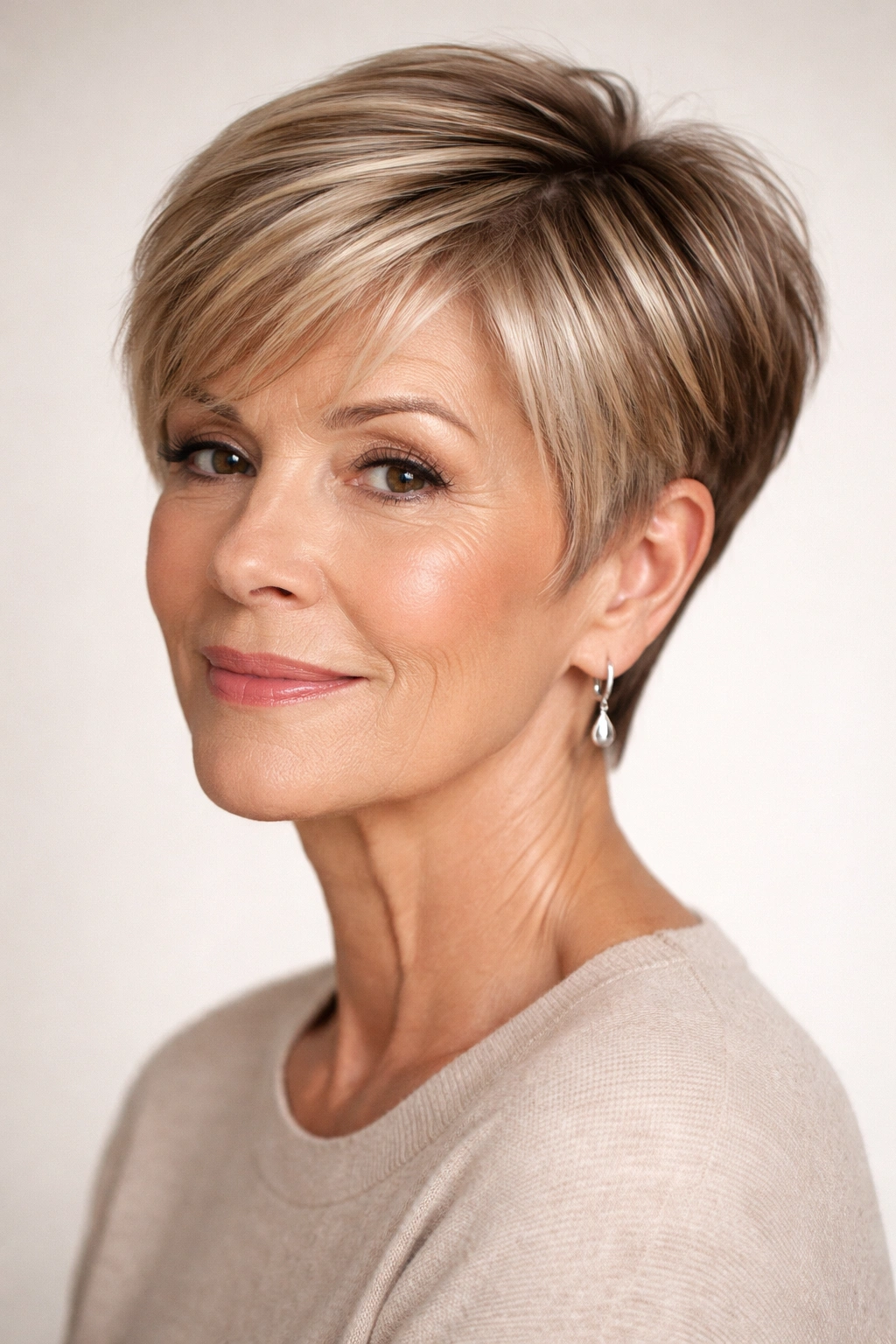 Close-up of a mature woman with a sleek pixie cut and subtle color highlights
