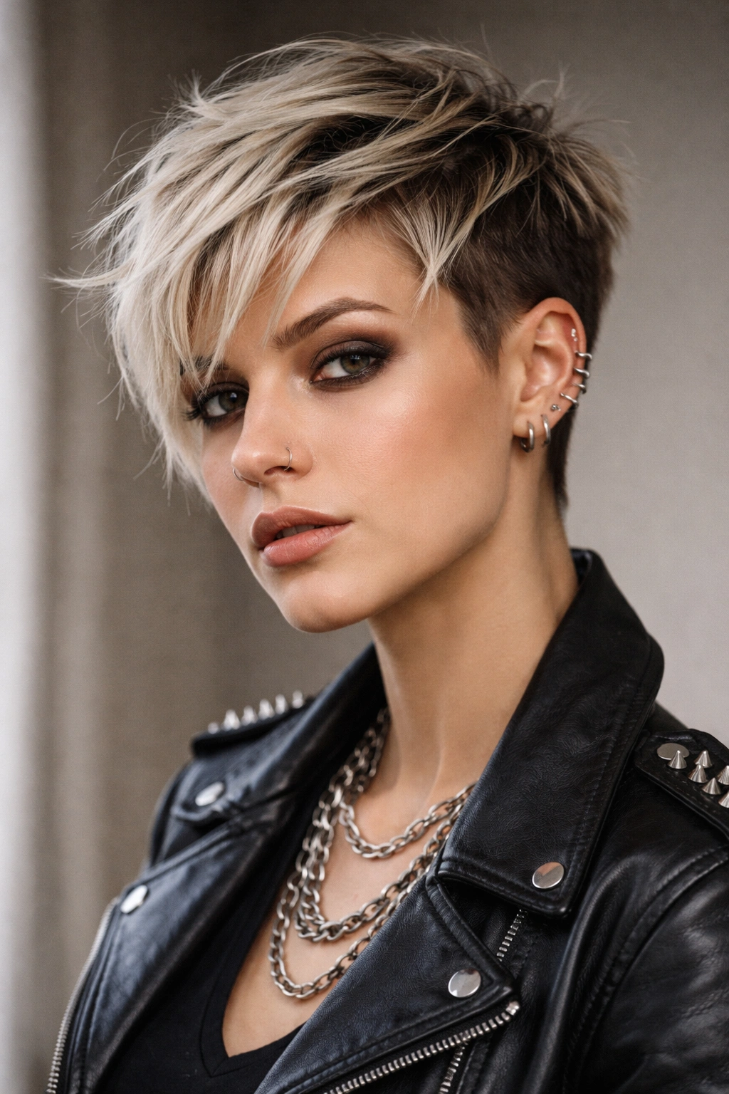 10 Rockstar Inspired Short Cuts For Edgy Women 1 Close-up portrait of a person with a classic pixie cut featuring disconnected edges, emphasizing top texture and shaved sides.