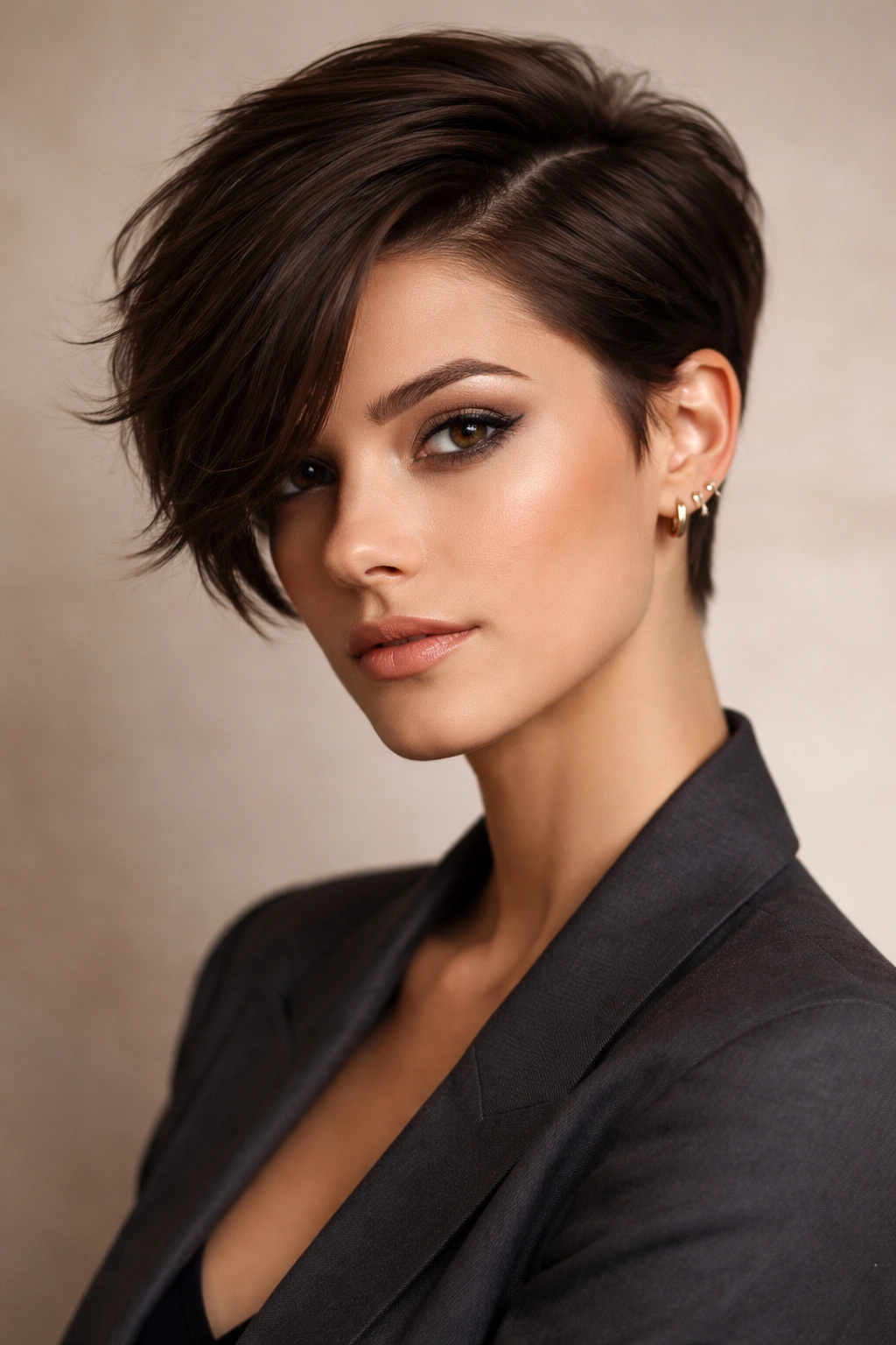 Head-and-shoulders portrait of a pixie with a dramatic side part and sweeping longer side