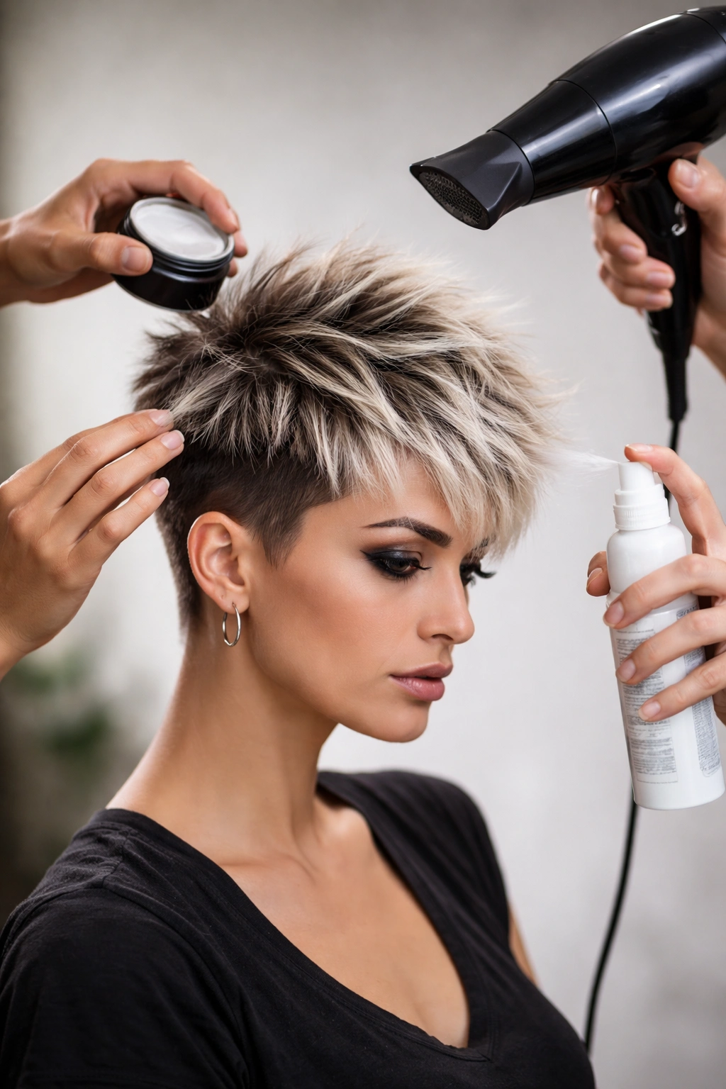 Close-up of edgy pixie hairstyle being styled with matte pomade and sea salt spray