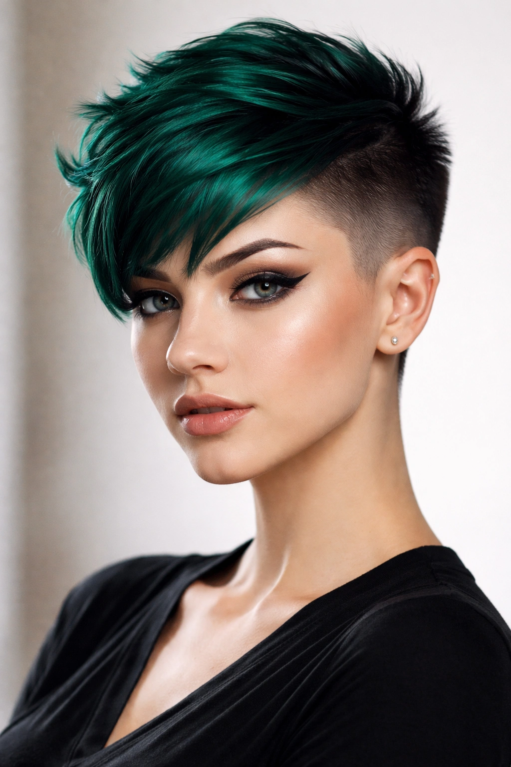 Pixie with shaved sides and emerald jewel-tone top color.