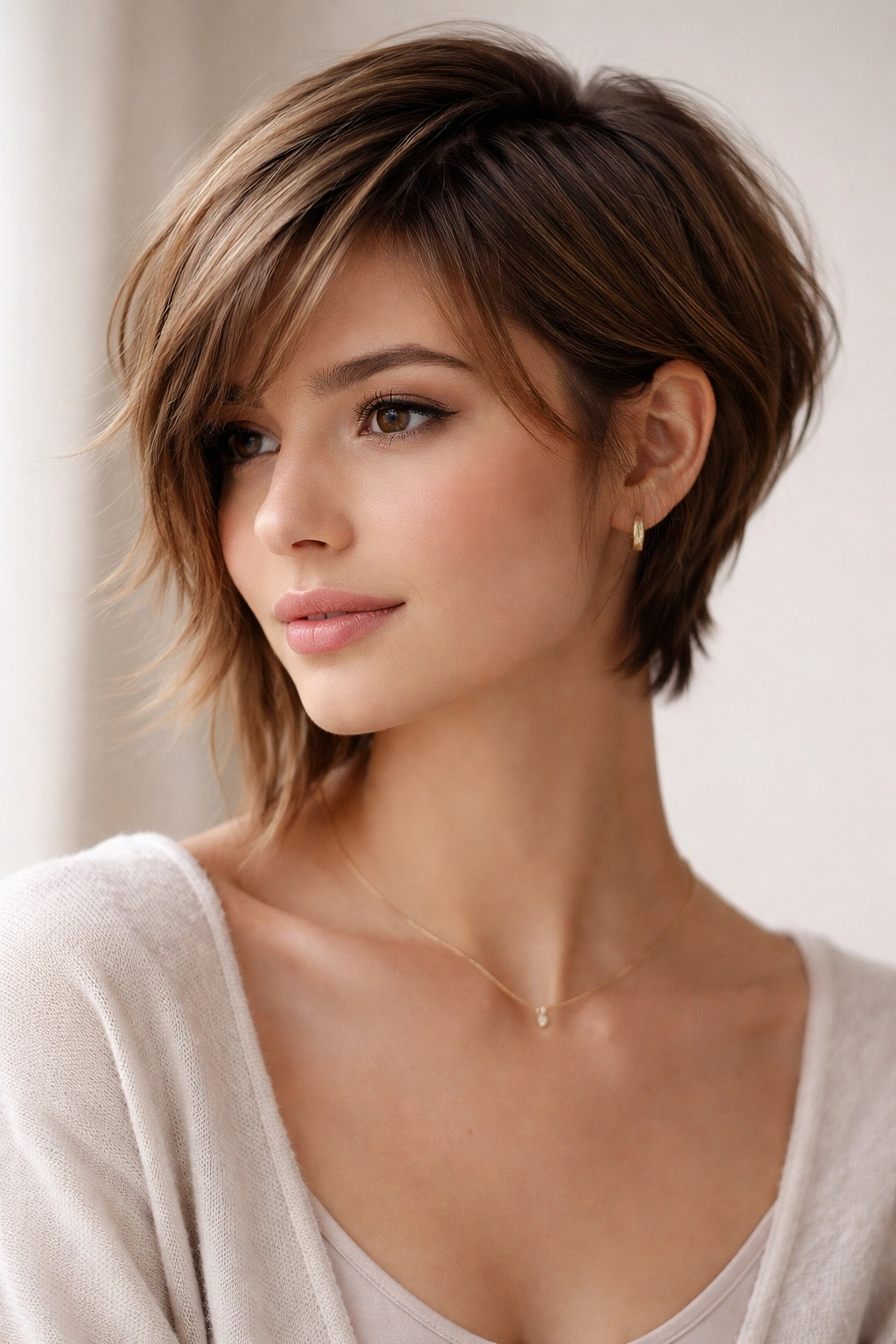 Pixie haircut with longer face-framing pieces reaching the jaw.