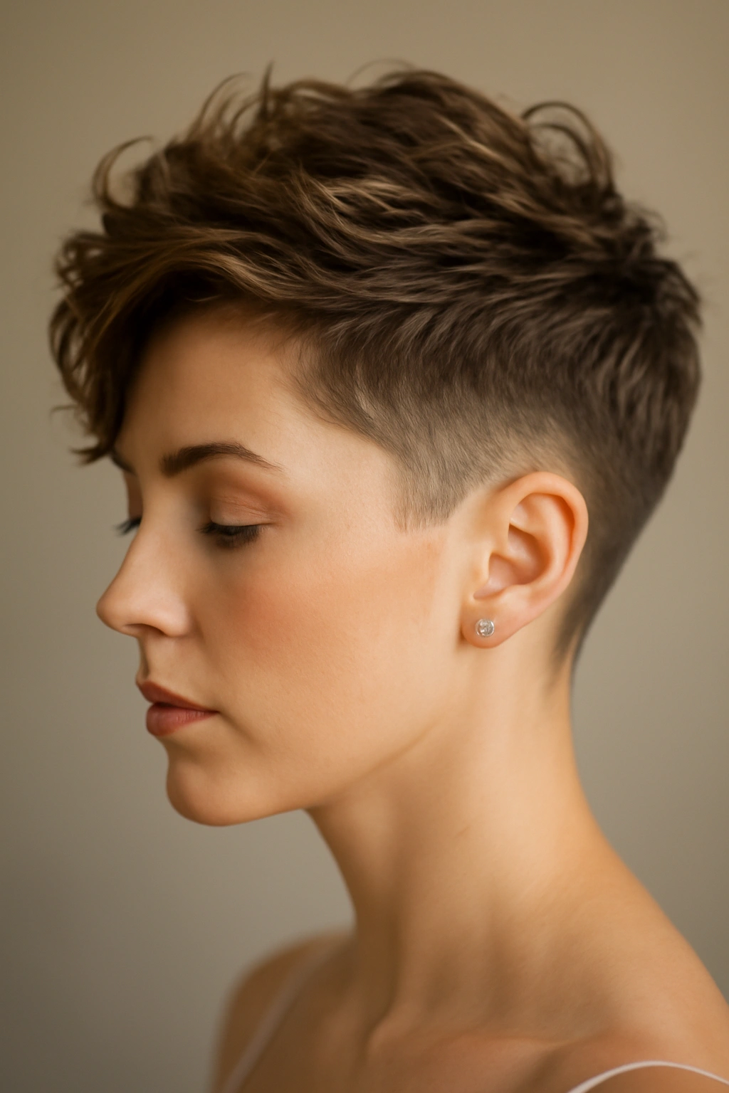 10 Wedding Hairstyles Short-Haired Brides Will Love 1 Close-up of a bride's head highlighting a textured pixie fade with voluminous crown and soft spikes