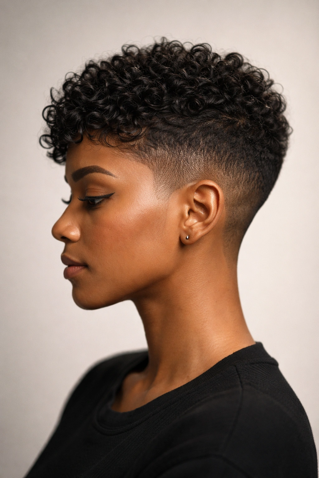 20 Short Curly Haircuts To Try Today 10 Profile view of pixie fade with textured curls on top