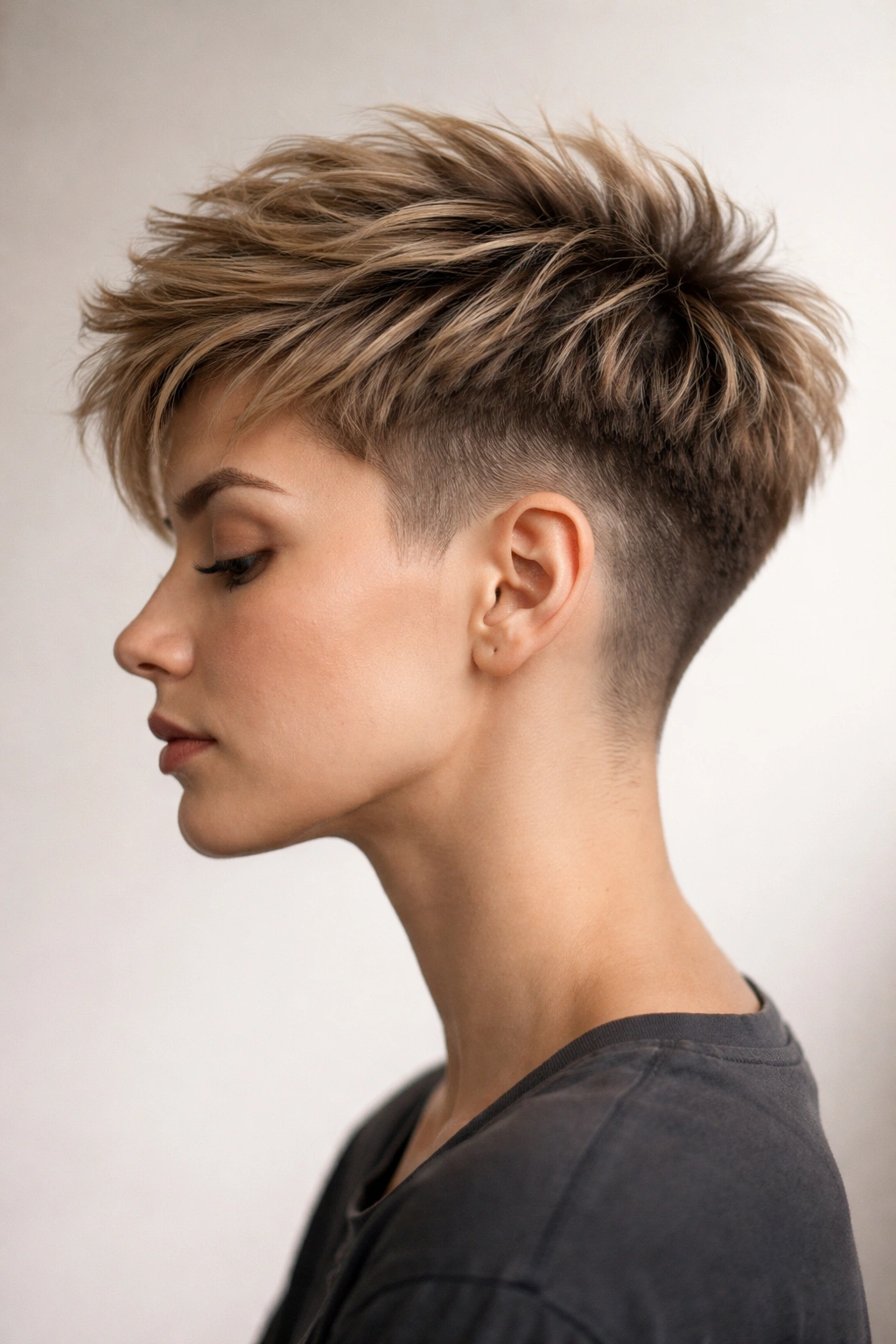 10 Feathered Short Haircuts With Soft Wispy Layers 9 Profile view of a pixie fade with longer feathered top showing texture