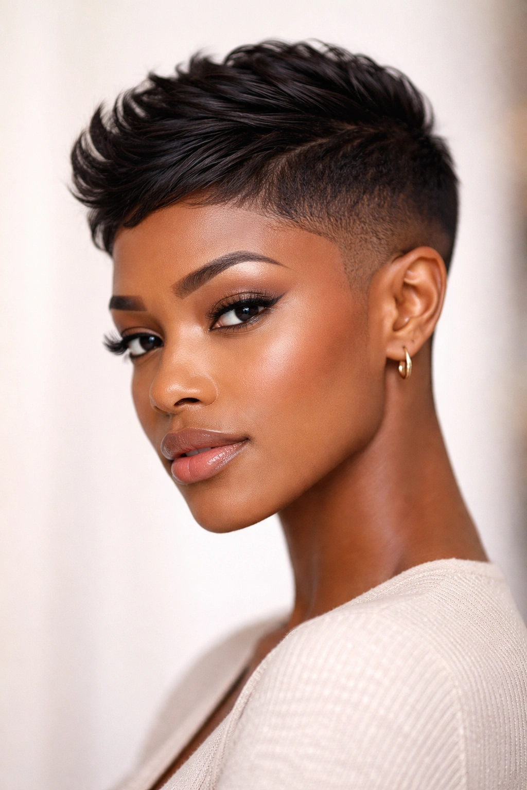 Portrait of a Black woman with a chic pixie fade showing top length and crisp fade