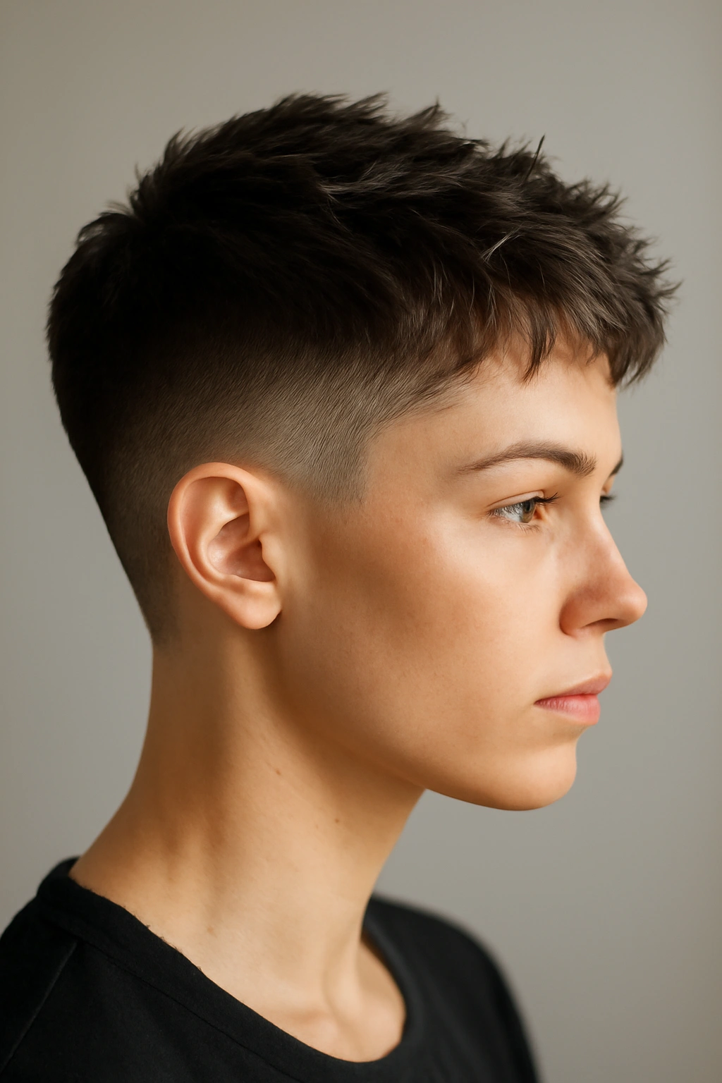 Side view of a pixie fade with very short sides and longer textured top