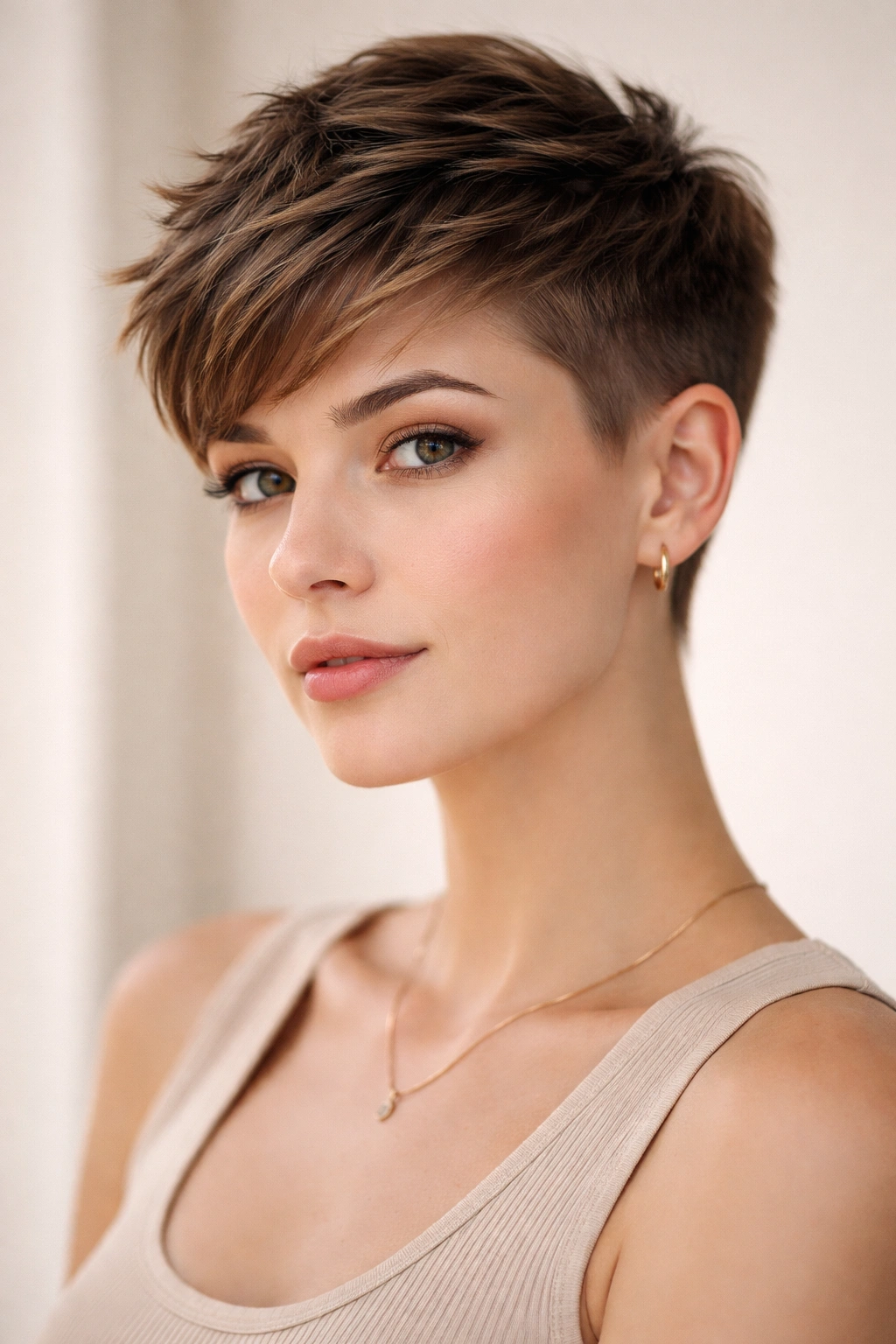 10 Edgy Pixie Cuts For Women Who Want Bold Hair 7 Close-up of a person with a soft pixie fade showing longer textured top and subtle fade on the sides
