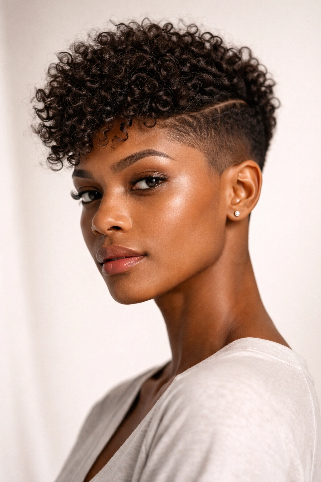 15 Pixie Cuts That Suit Every Face Shape 8 Close-up portrait of textured pixie with fade on sides and longer crown showing natural curls