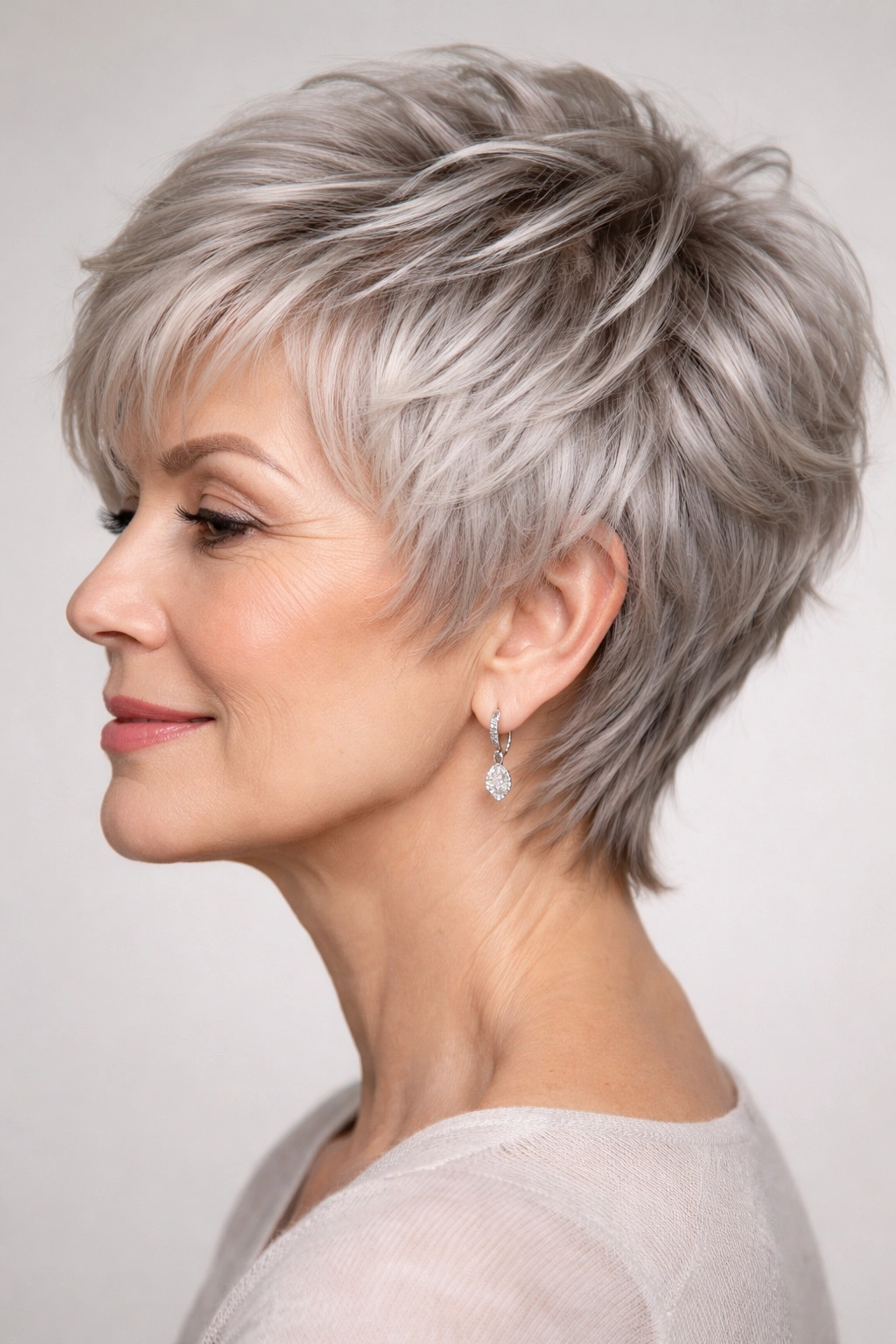 Feathered pixie with soft texture in silvery ash blonde