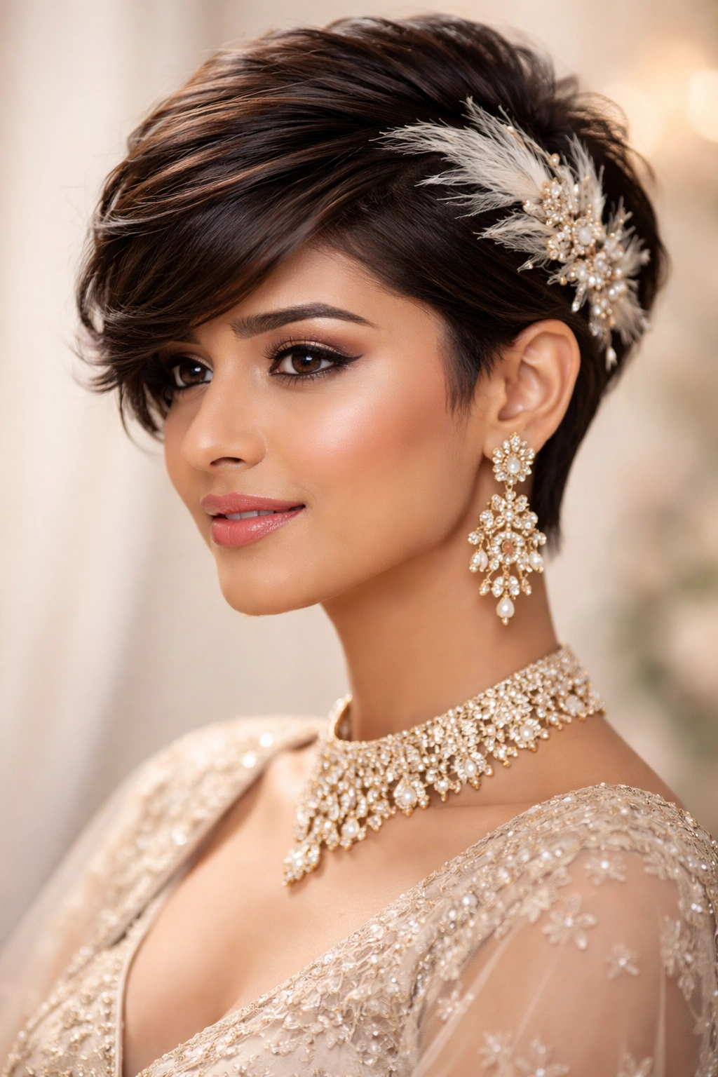 Side-swept pixie with feather clips accenting the sweep