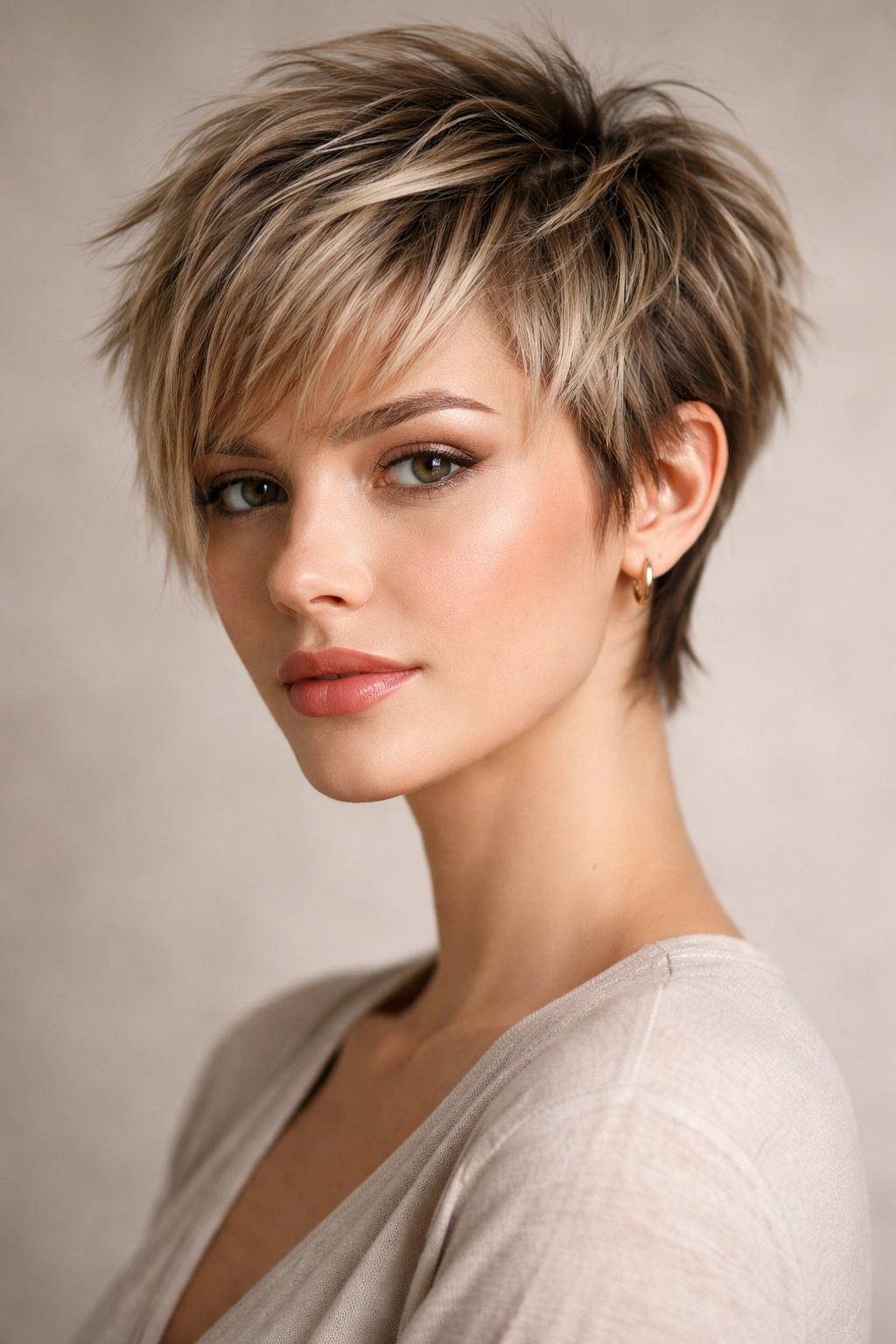 Close-up of feathered pixie with choppy crown and face-framing layers