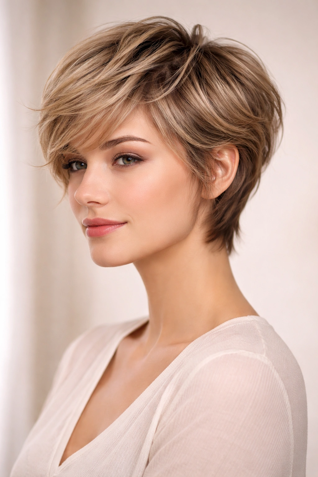 Close-up of a feathered pixie with soft, flowing layers.